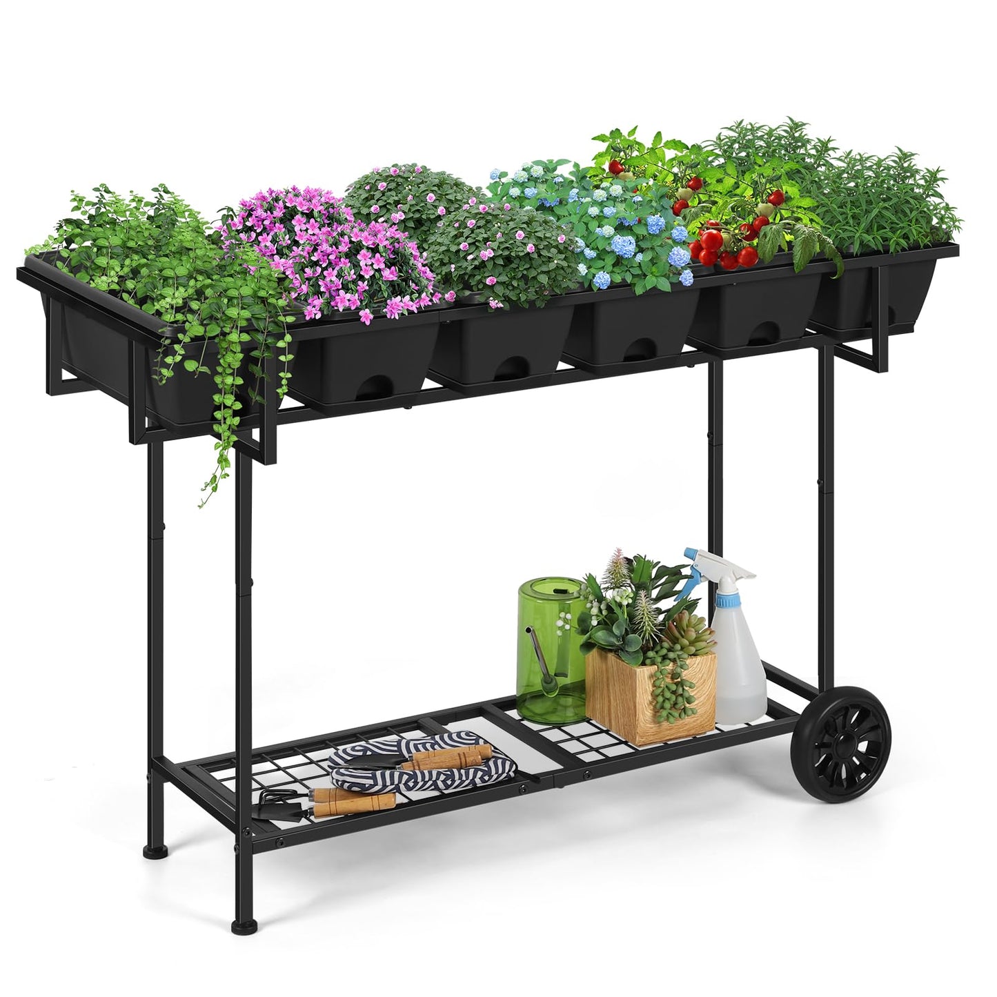 Vrisa Plastic Raised Garden Bed Outdoor with Legs 43x17x29 in Elevated Standing Planter Box with Storage Shelf and Wheels Vegetables Herbs Flowers Gardening Boxes for Backyard, Patio, Balcony, Black