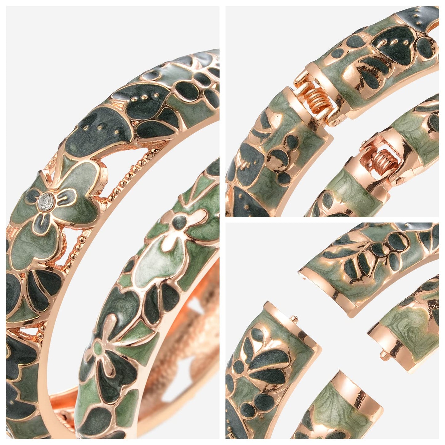 UJOY Women Cloisonne Bracelet Multi-Colors Plated Rhinestone Flower Hollowed Enameled Hinged Cuff Bangles Jewelry Gift 88A22-55A100 Green