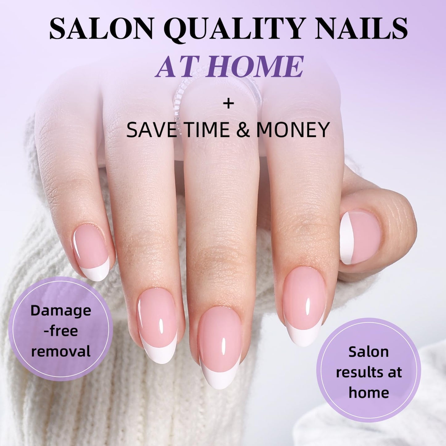 White French Tip Press On Nails - Short Almond Pink and White Press On Nails, 32Pcs 16 Sizes, Reusable Fake Nails with Nail Glue for Women