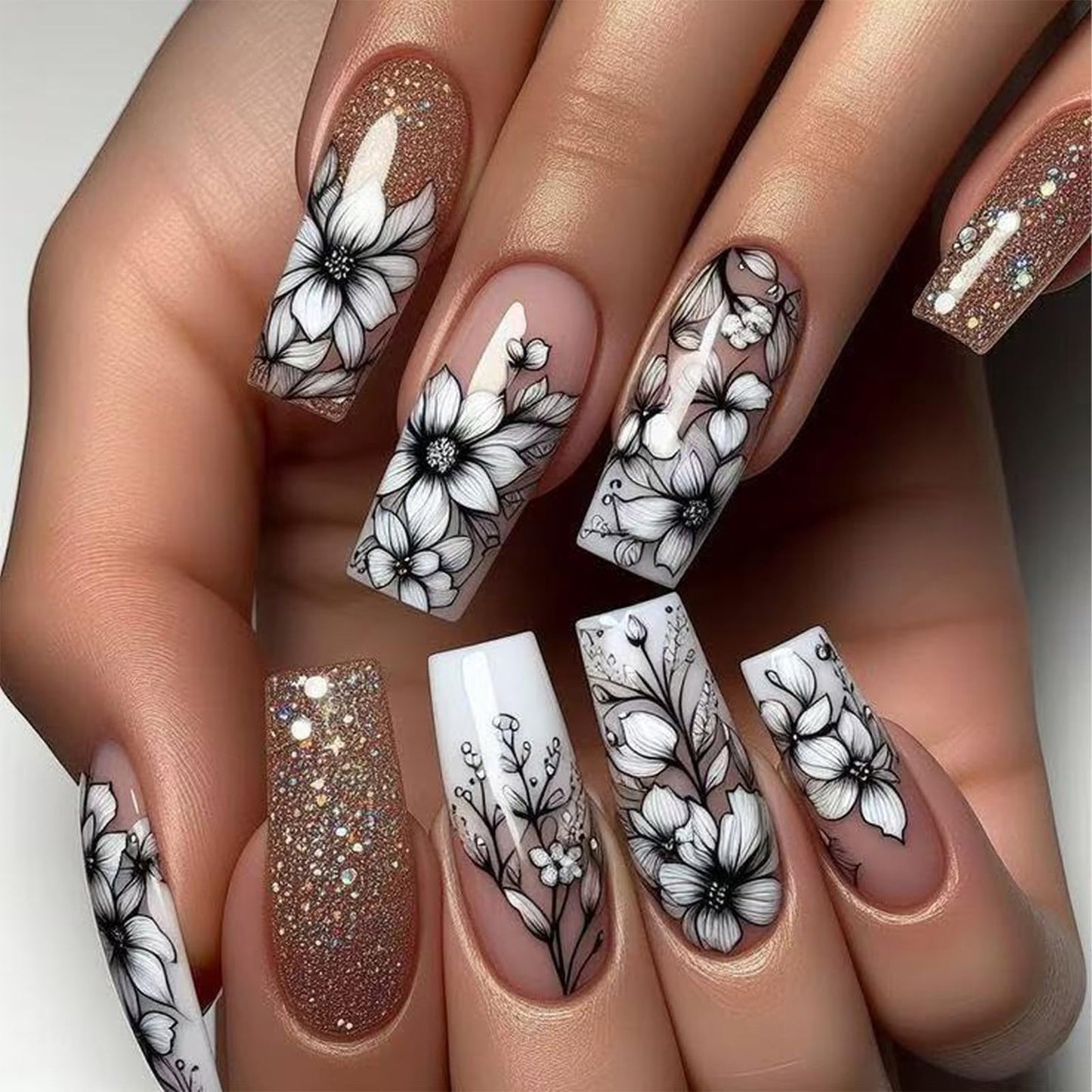 IMRAIN Long Square Press on Nails Glossy Gold Glitter Fake Nails Black Flowers Acrylic False Nails Sparkly Full Cover Glue on Nails for Women DIY Manicure Decor 24Pcs