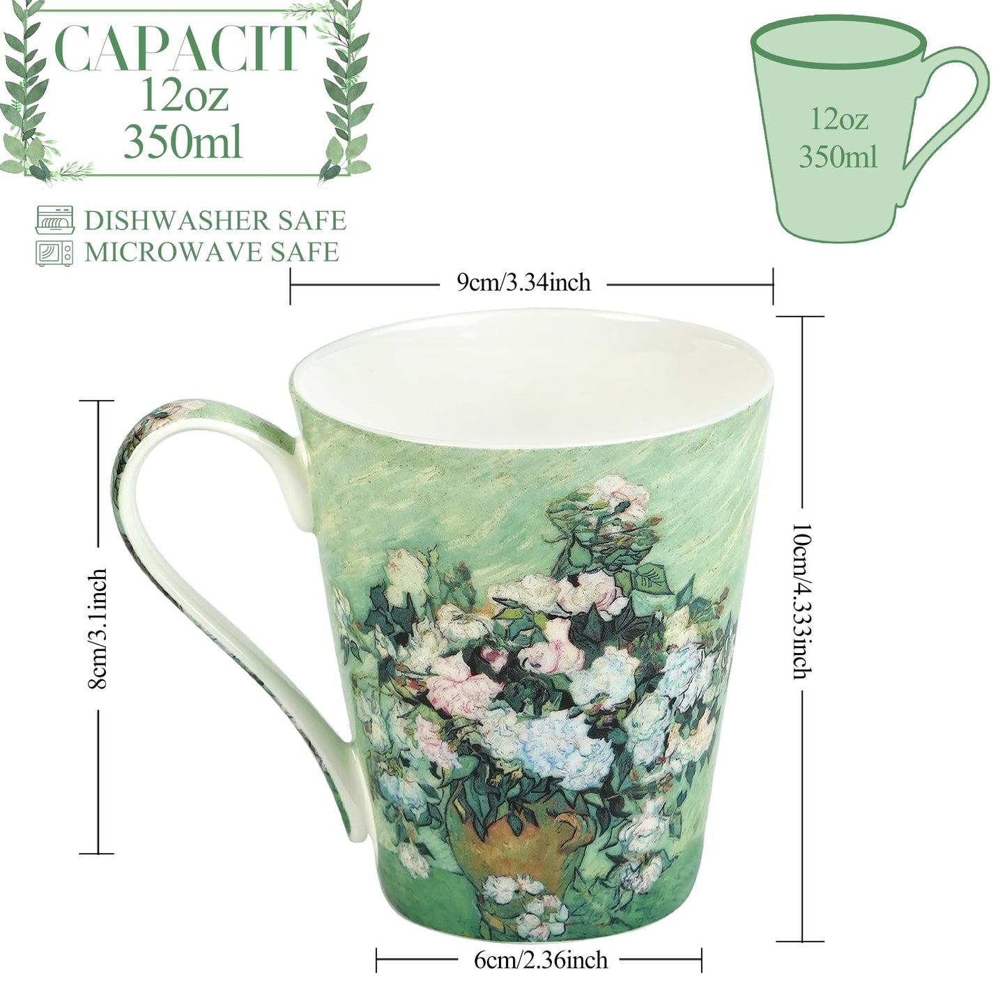 AOTELIDA Coffee Mug Sets of 4, 12oz Bone China Porcelain Cups with Art Print Large Handle Dishwasher Microwave safe for Tea Cocoa or Hot Chocolate