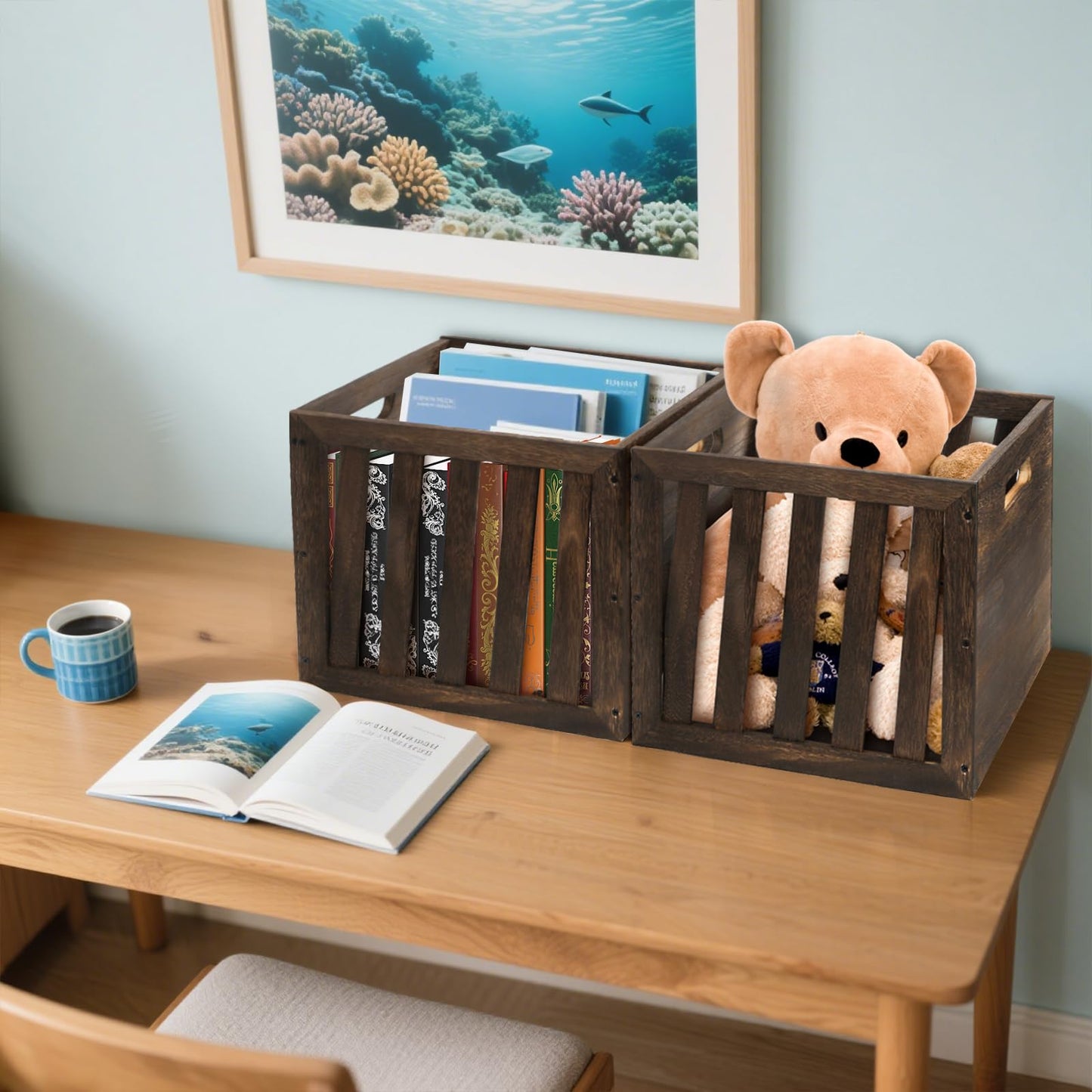 yarlung Wood Storage Bin Cube Wood Crate with Handles, Rustic Brown Decorative Box, Stackable Shelf Basket Books Organizer for Closet, Bookcase, 12"x12"x11", Easy Assembly
