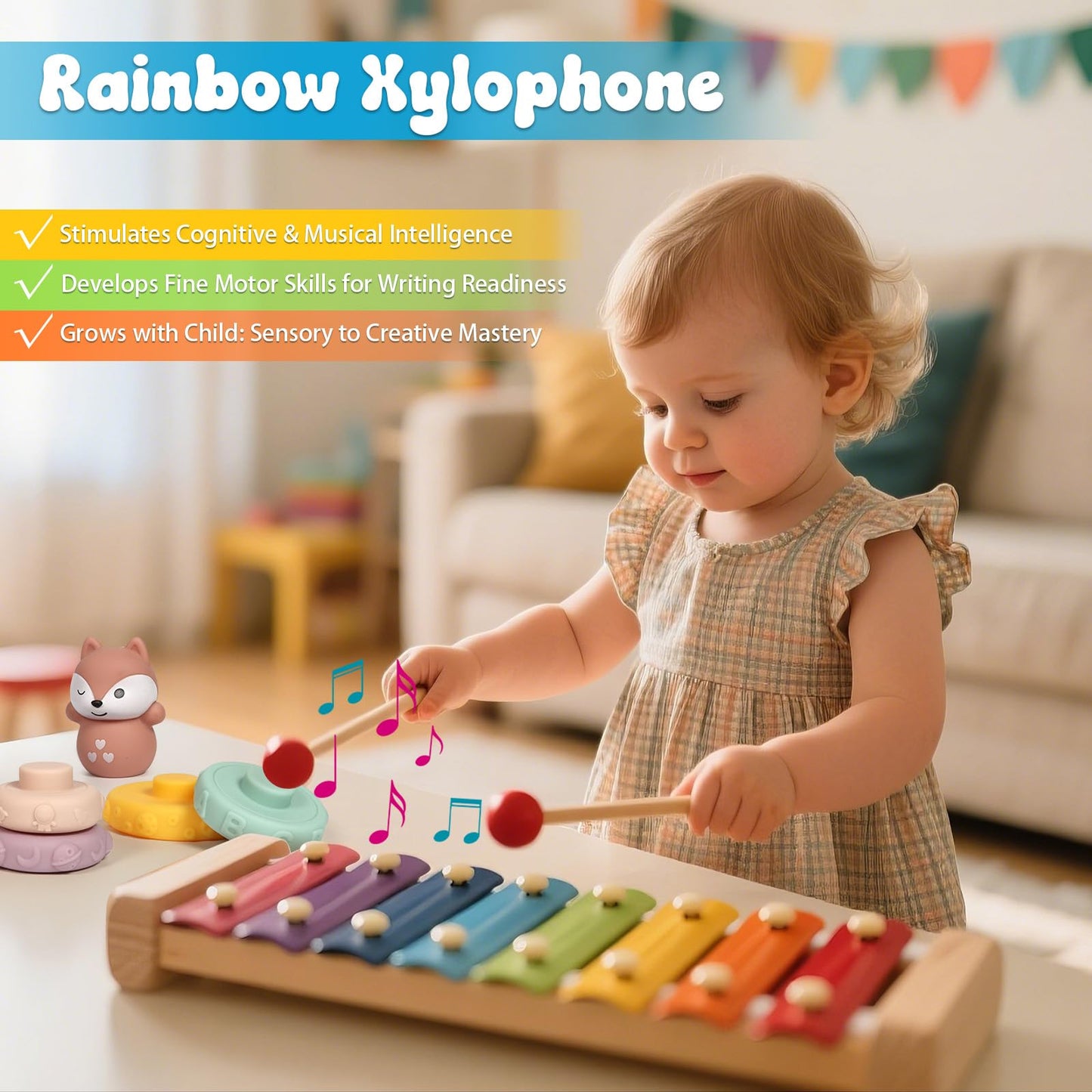 LearnToy Baby Toys 18-36 Months, Montessori 7-in-1 Activity Set - Stacking Blocks, Infant Teething Toy & Sensory Bin, Baby Boys & Girls Gifts