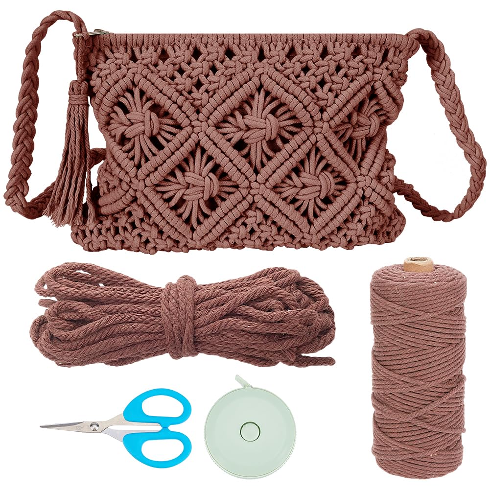 WEBEEDY DIY Macrame Bag Kit Boho Macrame Shoulder Bag Making Kit with 3mm x 142 Yards Cotton Cord and Video Tutorial,Macrame Purse Kits for Beginners Summer Beach Christmas Decor Gift,10.4x8(Brown)