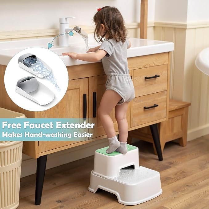 2-Step Stool for Kids - Toddler Anti-Slip Step Stool for Bathroom Sink/Toilet Potty Training/Kitchen Counter, 10" Height, 220 lbs Capacity, Durable & Stable (2Packs Green)
