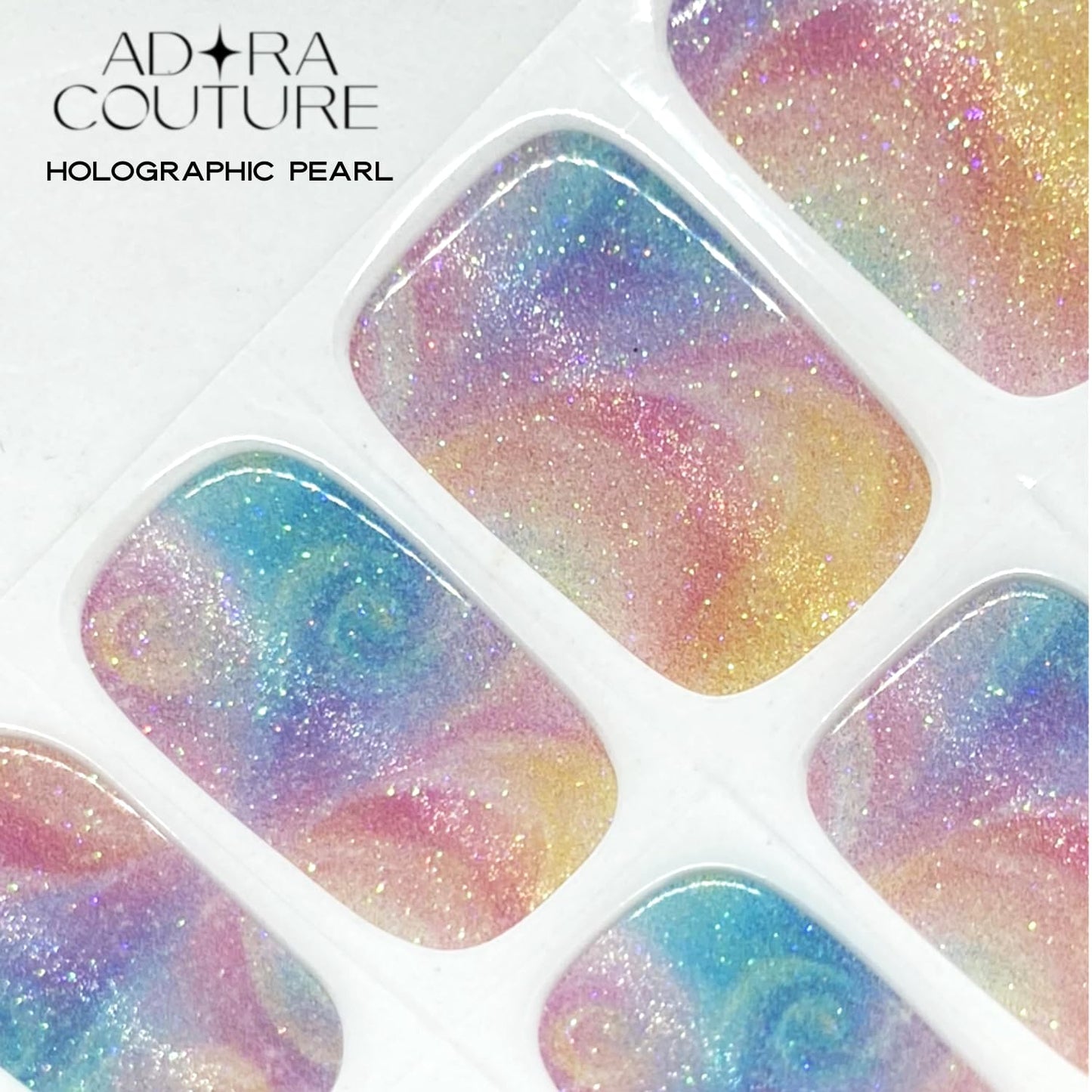 Adora Couture Semi Cured Gel Nail Strips with 20 Pieces - UV Gel Stickers, Manicure Kit, Easy Application Wraps Includes Prep Pads, Nail File, Wooden Stick - UV Light Required (Holographic Pearl)