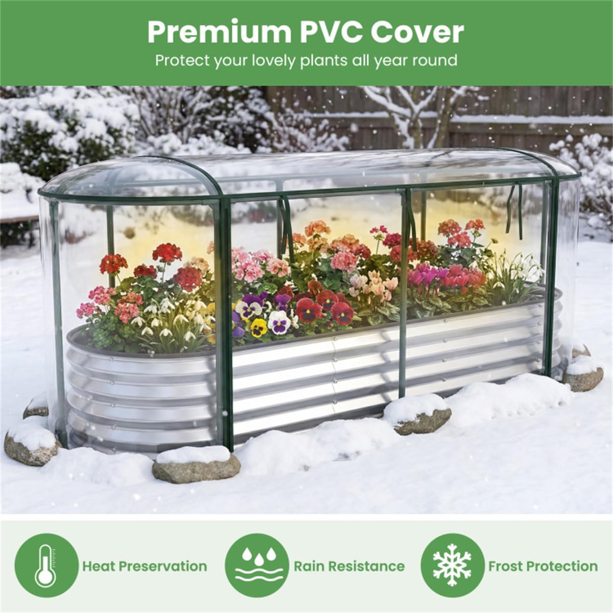 3-in-1 Raised Garden Bed with Greenhouse Cover, Oval Color Steel Planter Box, 6x2x1 Ft, Black (Silver)