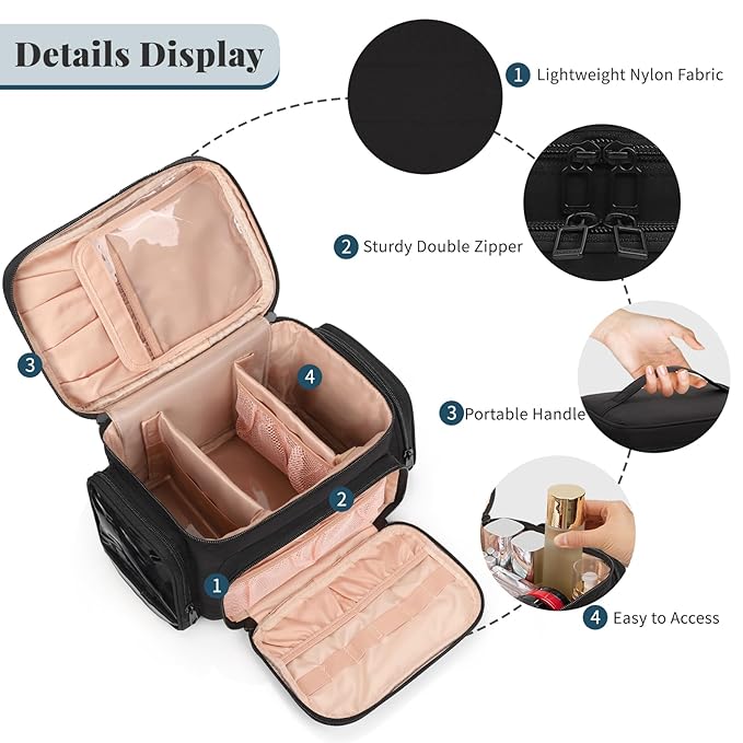 Travel Makeup Bag, Lightweight Large Makeup Bag Organizer for Women Girls with Makeup Brush Compartment & Two Side Pockets, Cosmetic Travel Bag Vertical Storage- Black02