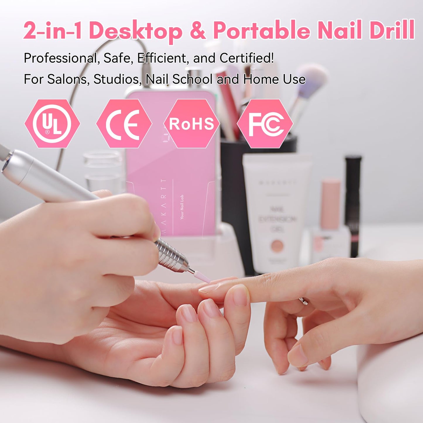 Makartt Nail Drill Professional, 35,000RPM Rechargeable Electric Nail File for Acrylic & Gel Removal, 60W Brushless Motor, 2-in-1 Desktop & Portable, LCD Display, for Home & Salon Use, Nouvella Pink