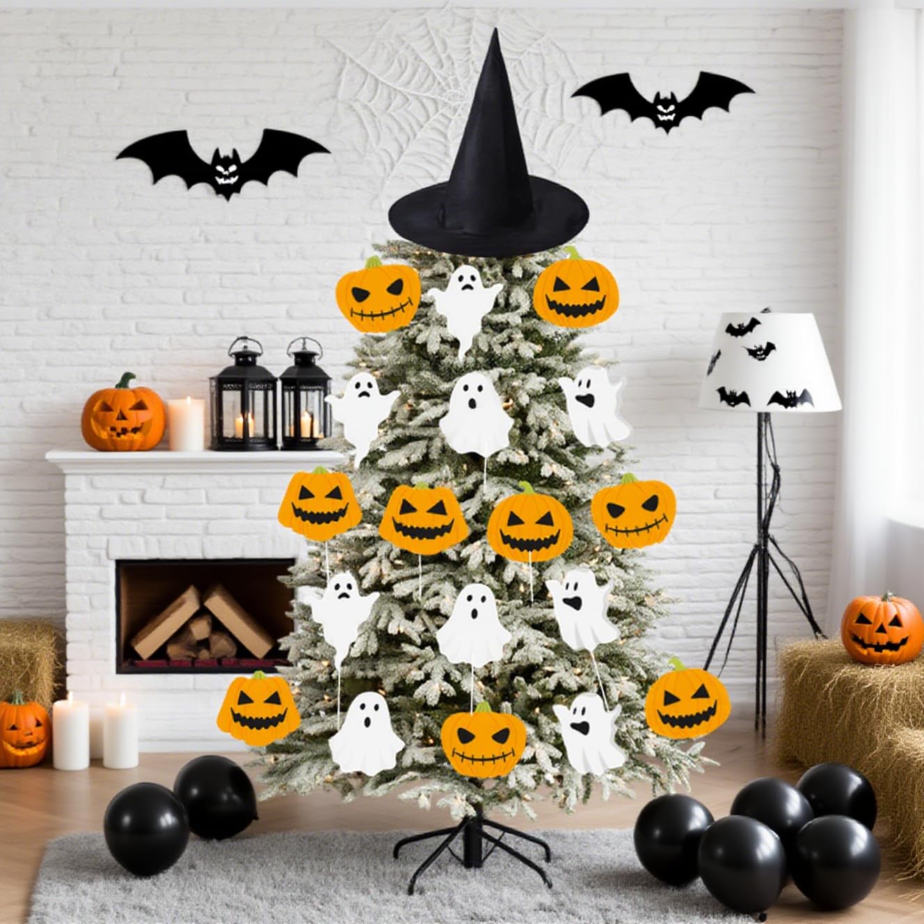 19 PCS 8 Inch Large Spooky Ghosts Pumpkin Halloween Tree Picks 15" Witch Hat Cute Trick or Treat Ghost Picks Ornaments for Tree Hanging Party Decor Topper Home School Table Vase Décor