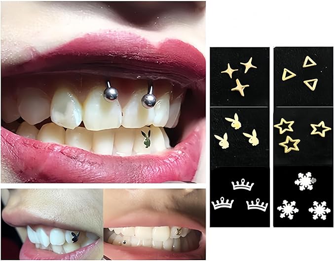 Tooth Gems Silver Alloy Ultra-Thin 3-Pack Reusable Trendy Spider Butterfly Rabbit Multi-Use Women Party Nail Art (Golden,Four Pointed Star)