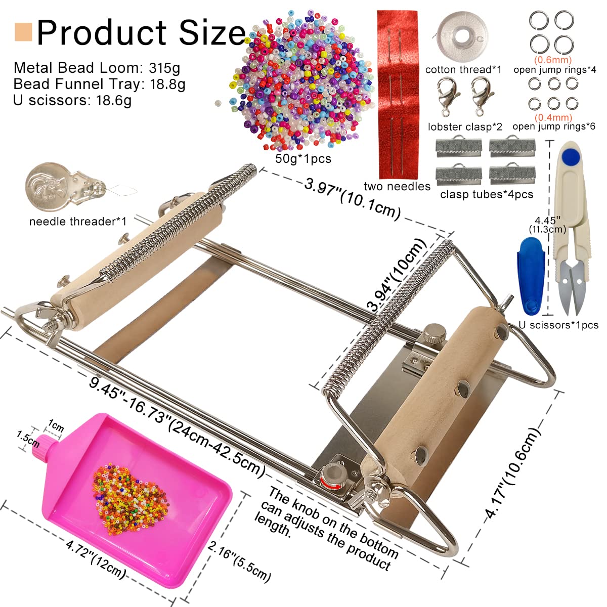 hobbyworker The Second Generation Adjustable Bead Loom Kit with Seed Beads,Large Eye Curved Beading Needle, Funnel Tray,Lobster Clasp,Open Ring and Bead Mat for Jewelry Making kit