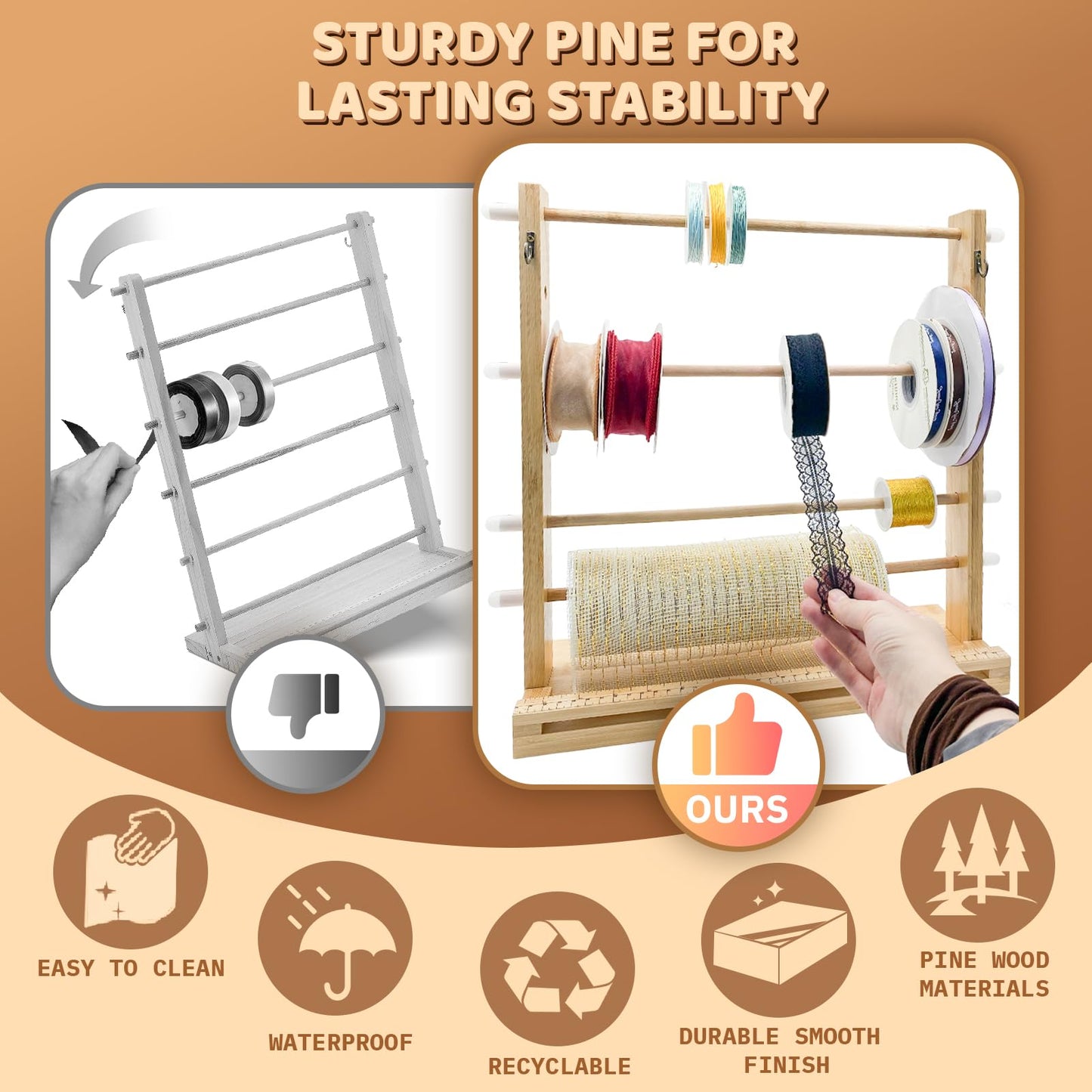 Wooden Ribbon Display Holder-Adjustable Spacing, Washi Tapes, and Sewing Threads | Craft Room Supply Storage Organization, Hair Ribbon & Gift Wrapping Supply Rack