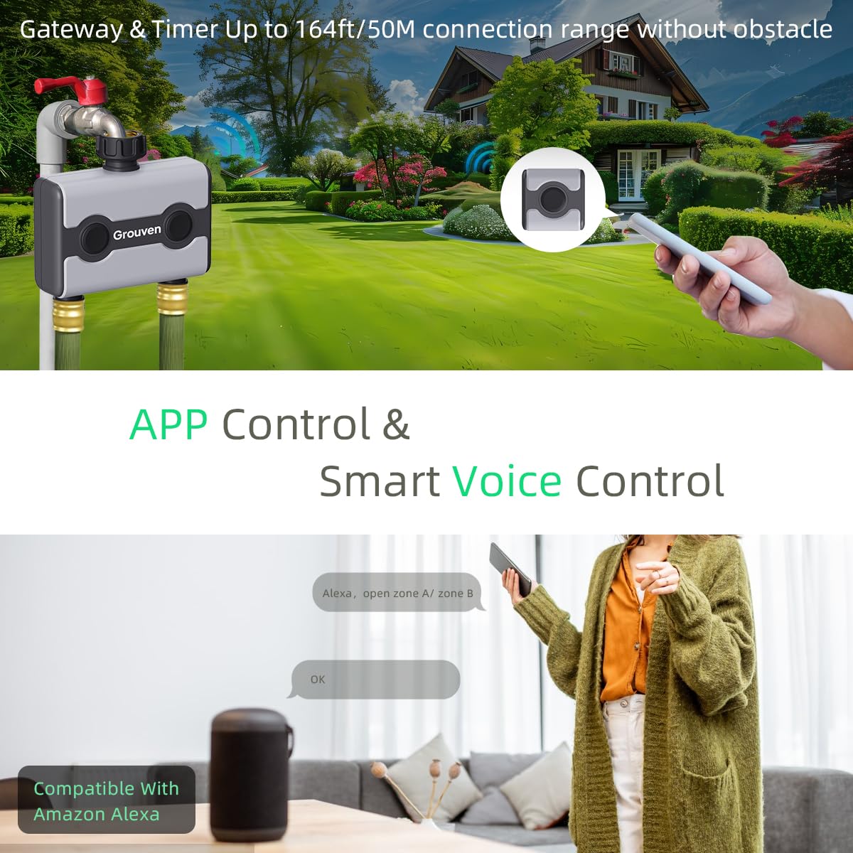 WiFi Sprinkler Timer 2 Outlet Water Timer with Rain Delay APP Control via 2.4Ghz WiFi and Bluetooth Outdoor Watering Automate Water & Sprinkler Schedules for Garden
