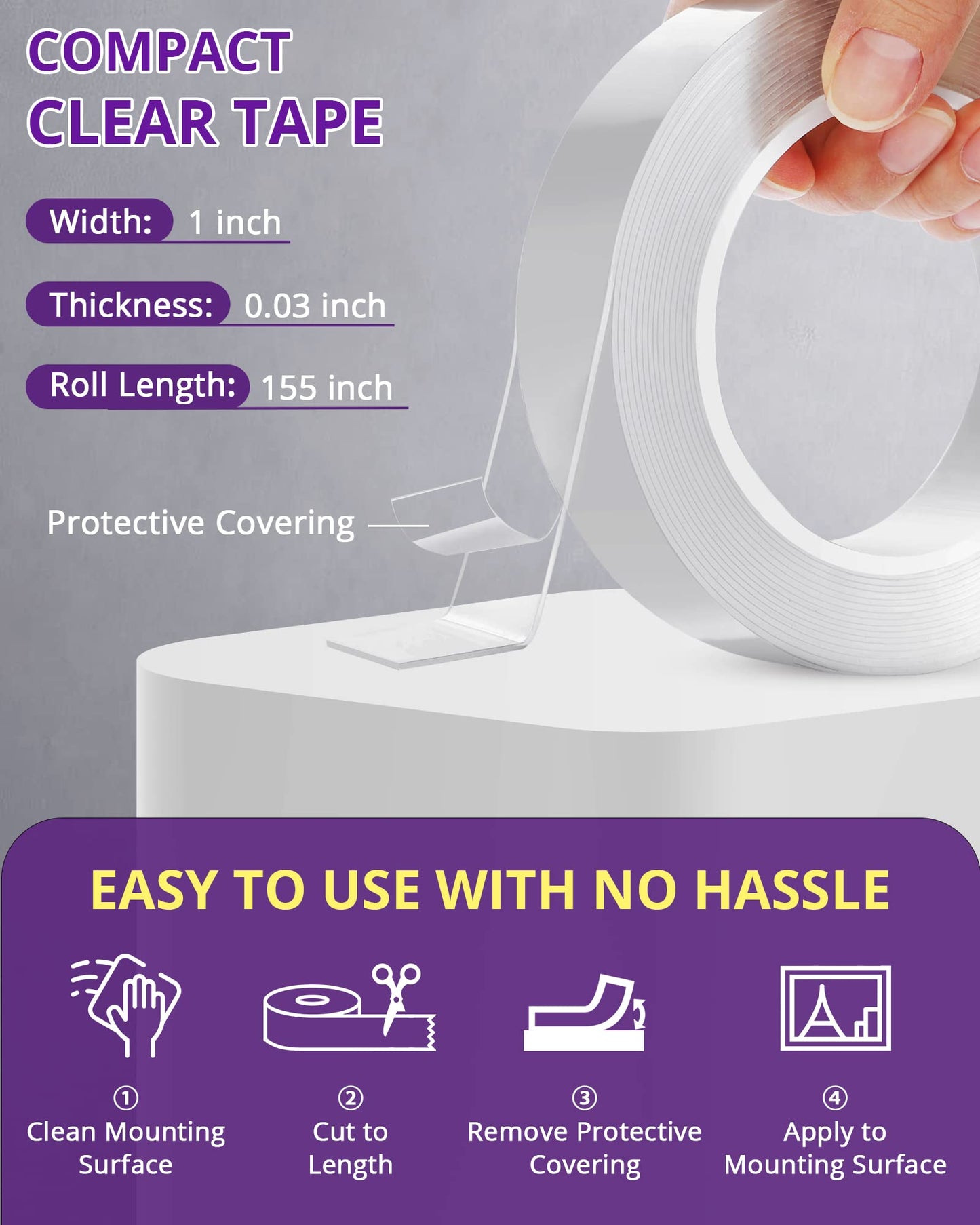 Double Sided Tape Heavy Duty, Clear Removable Mounting Tape, Multipurpose Strong Transparent Adhesive for Home Office Walls Decor, Poster Hanging, Carpet, Automotive Trim, DIY Projects (155in x 1in)