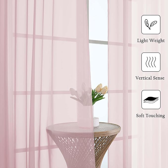 Lecloud Blush Pink Sheer Curtains 63 Inch Length 2 Panels Set, Rod Pockets Voile Bedroom Curtains for Living Room, Soft Light Filtering Window Treatments Drapes for Bathroom, Each Panel 59" W x 63" L