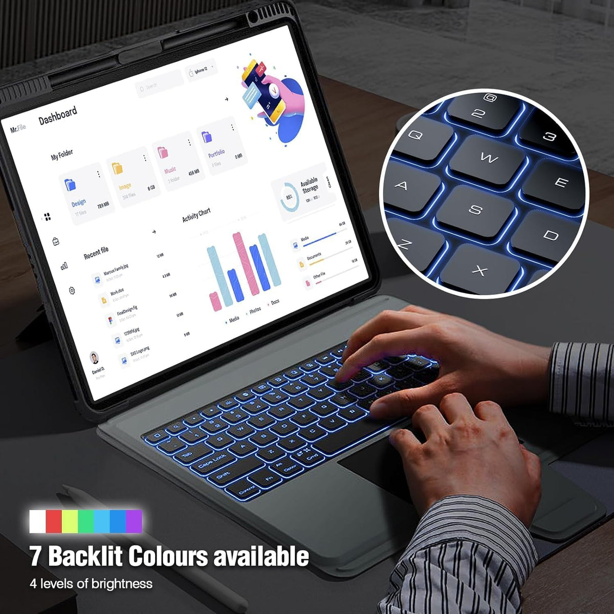 Nillkin iPad Air 13 inch Case Keyboard (M3,2025/M2,2024), Slide Camera Cover, iPad Pro 12.9 Protective Case with 7 Colors Backlit Wireless Detachable Keyboard, Trackpad and Pencil Holder