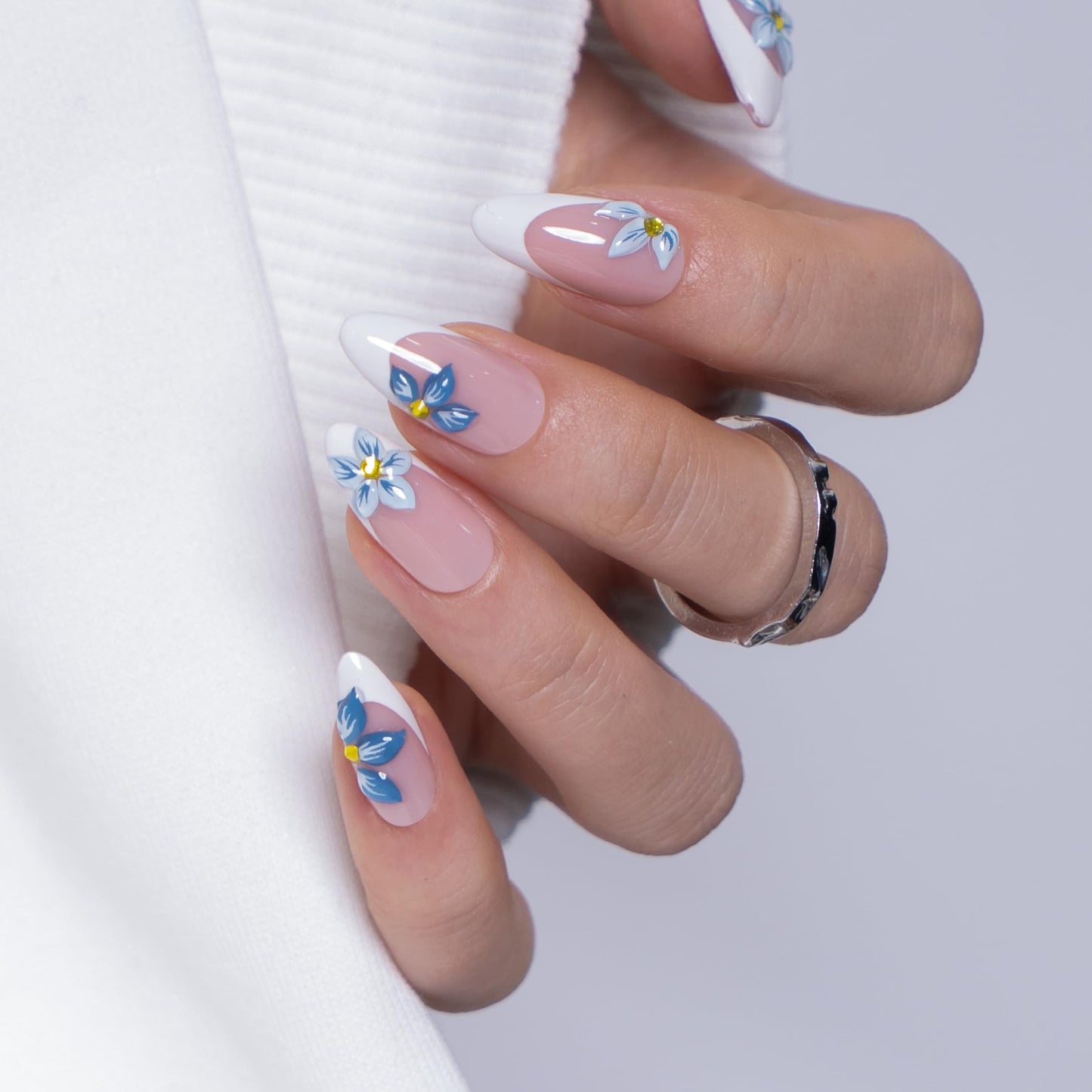CurvLife Soft Gel Almond Press-On Nails Short,30Pcs Reusable Fake Nail Tips with Adhesive Tabs, Salon-Quality Stick-On Nails for At-Home Manicure (Azure Petals)