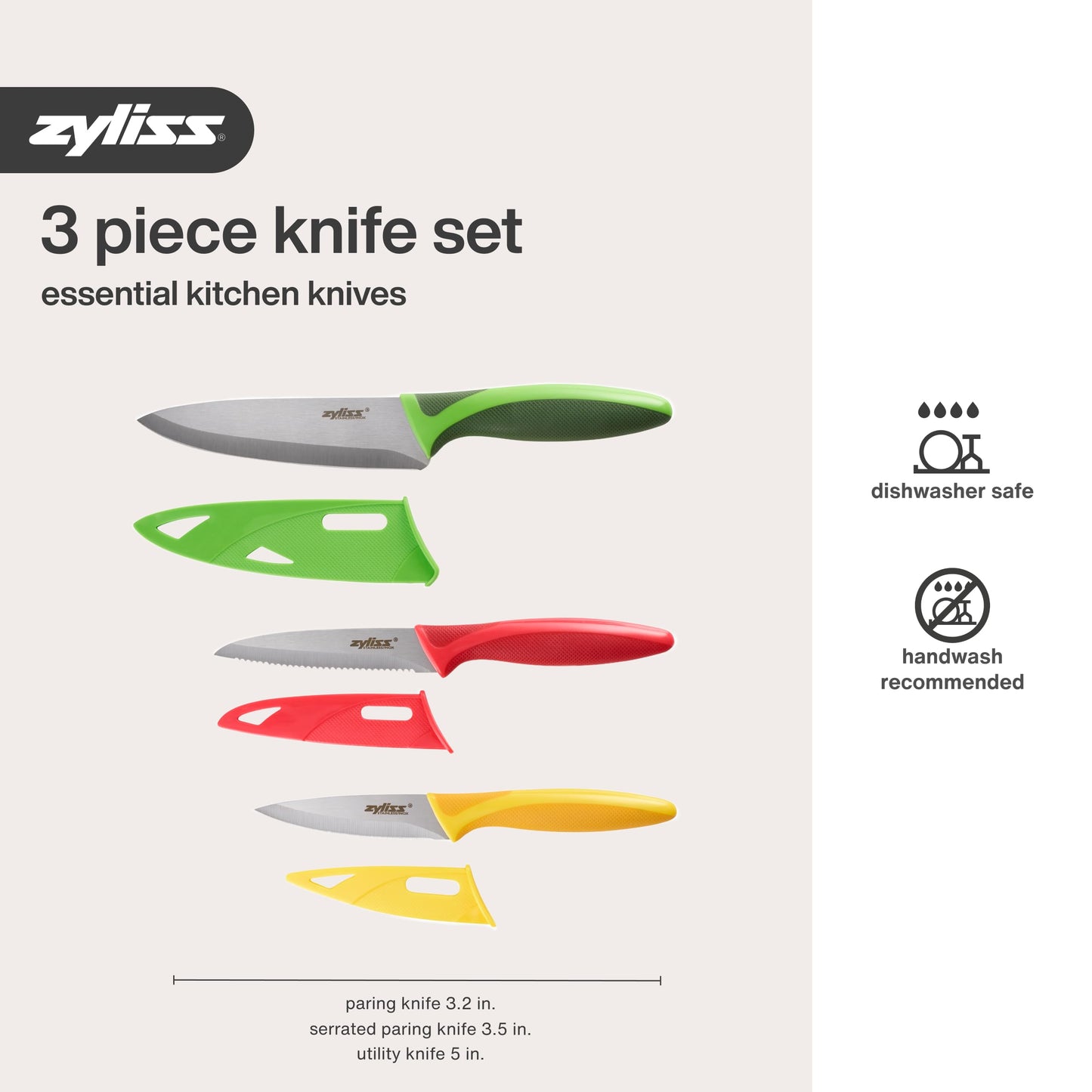 Zyliss 3 Piece Knife Value Set - Kitchen Knife Set - Kitchen Knife Set with Sheath Covers - Includes Paring, Serrated Paring & Utility Knives - Stainless Steel