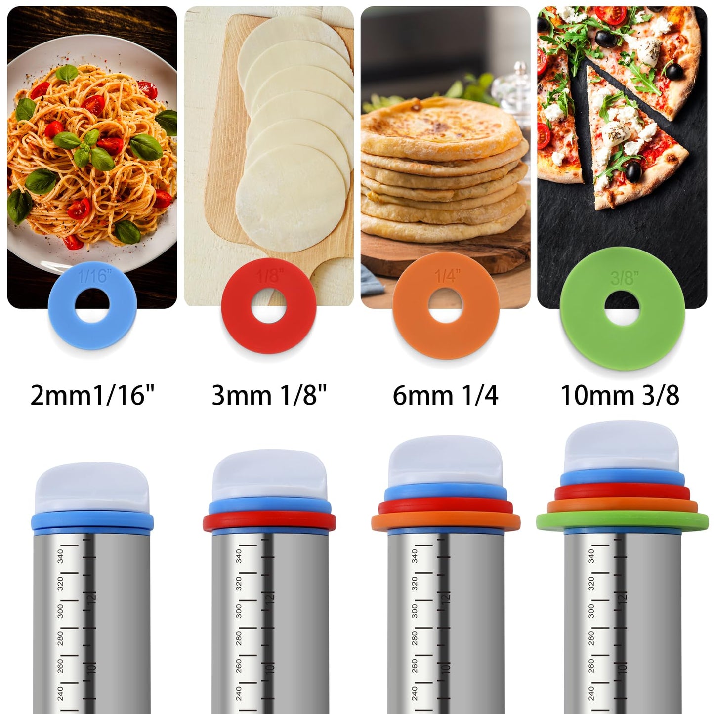 Unokit Rolling Pin for Baking - 3-Piece Set, 17.5" Rolling Pin with Adjustable Thickness Rings, Stainless Steel Dough Roller, Rolling Pins for Baking Pizza, Pasta, Bread - Baking Essentials