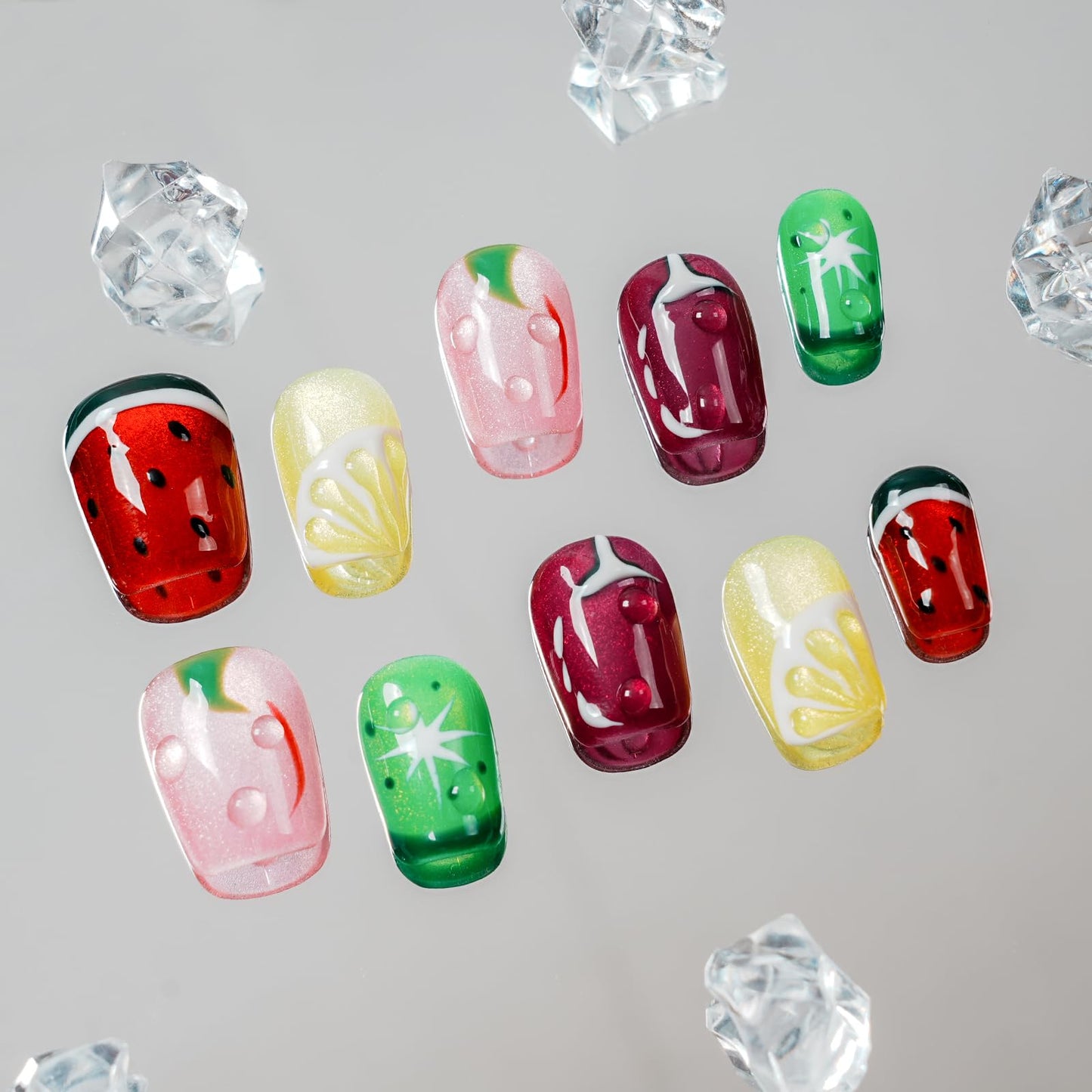 Tesytto Glitter Press on Nails Short Coffin Summer Fruit Nails Cateyes with 3D Water Drop, Hand-painted Watermelon & Lemon Art, Reusable Acrylic Full Cover Fake Nails, 10pcs (Fruit Party,M)