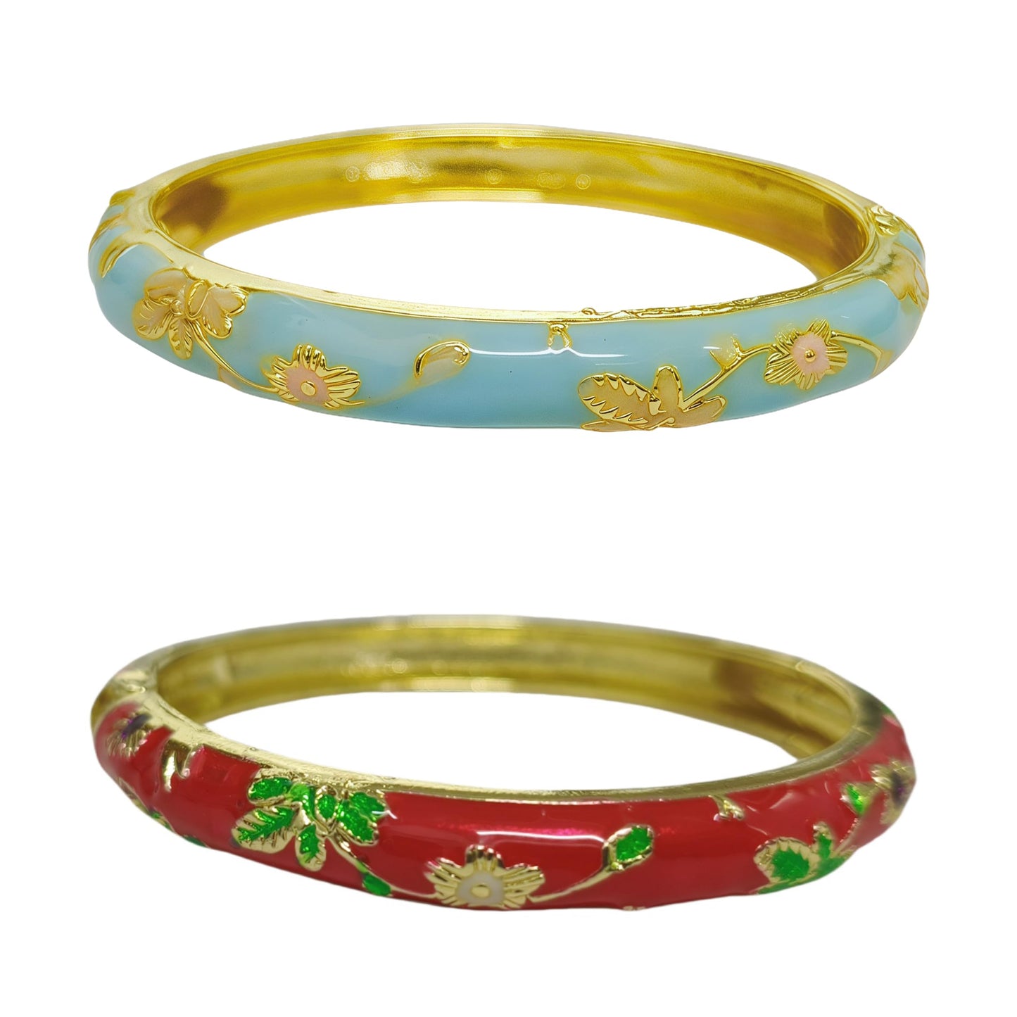 Cloisonne Bracelet For Women, Chunky Bangle Trendy Cute Flower Enamel Bangles Multi Tone Engraved Cuff Gold Plated Bracelets Stackable Wife Jewelry Friendship Gift (Blue&Red Set, One Size)
