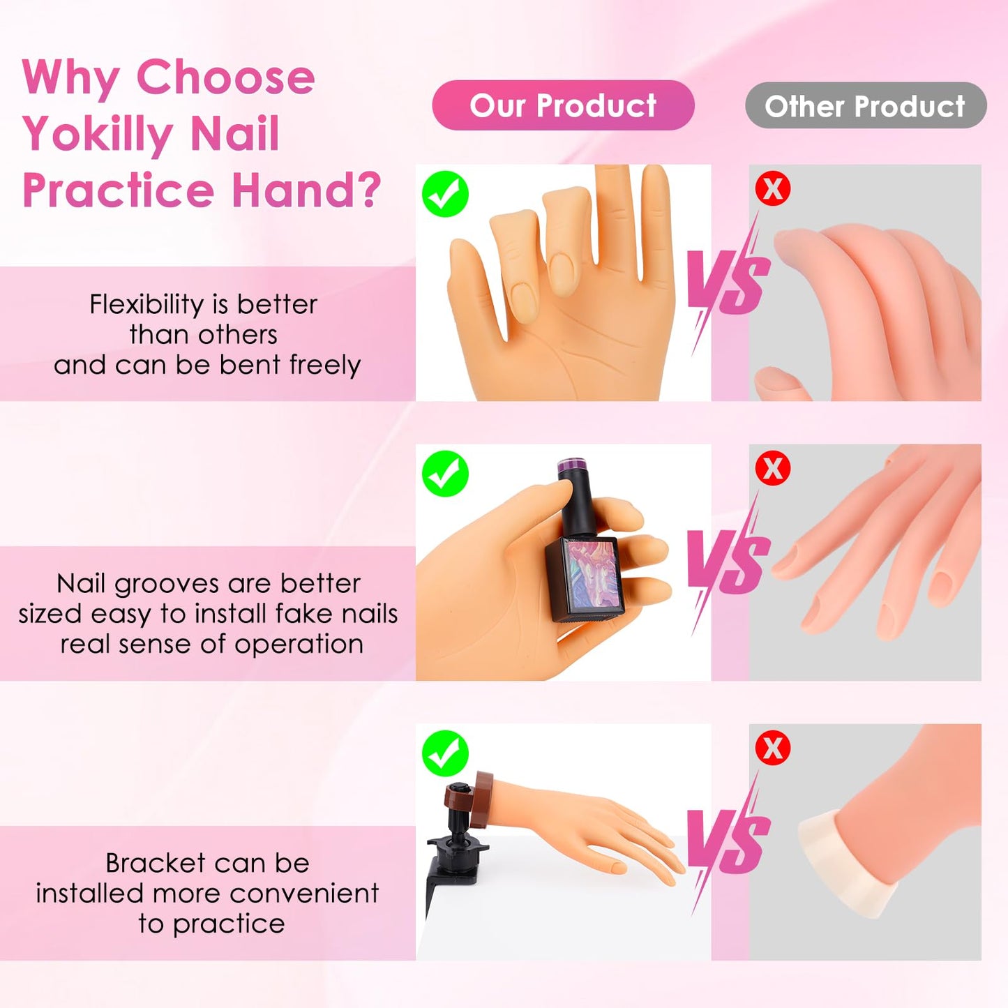 Yokilly Practice Hand for Acrylic Nails, Bendable Soft Nail Practice Hand, Flexible Plastic Nail Hand Practice, Fake Mannequin Training Hand for Nails Practice (with Clamp Holder) / Black