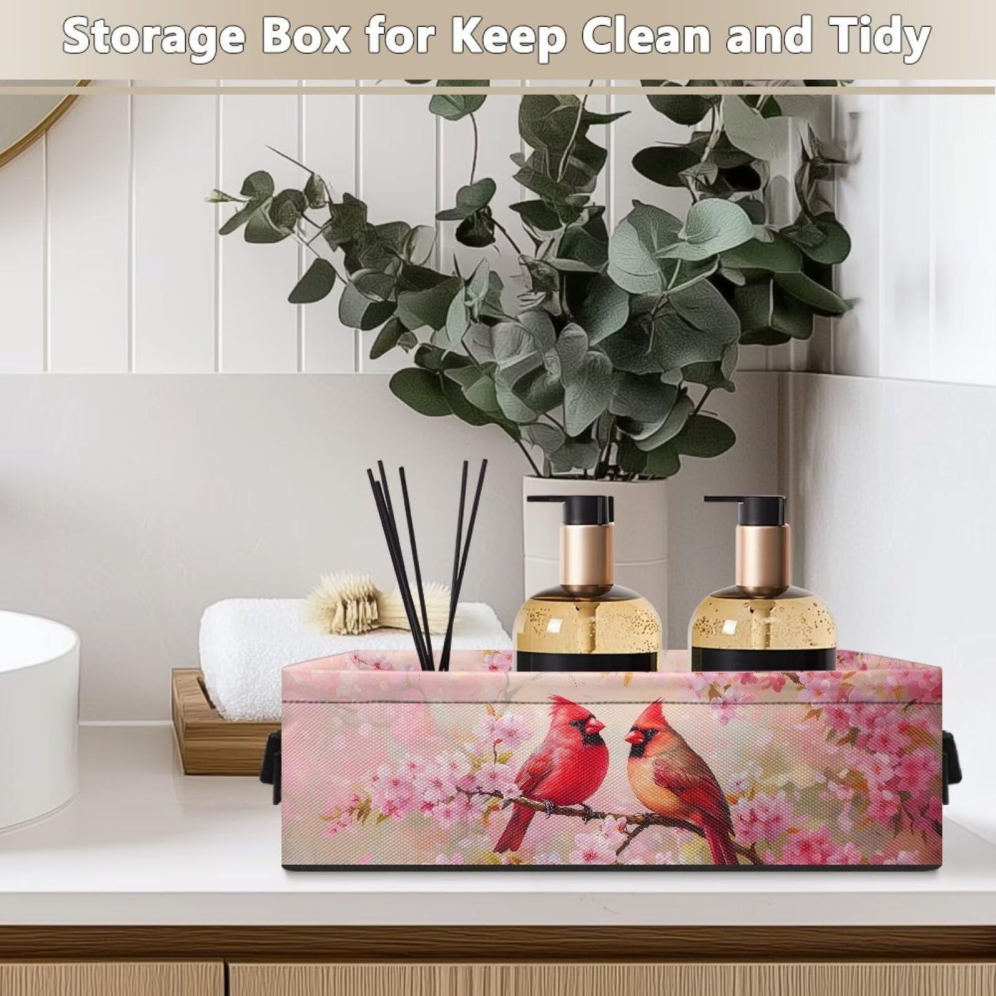 Garucesta Toilet Paper Baskets for Organizing Modern Bathroom Storage Bin Rectangular Bathroom Essentials Basket Household Organizer Bin Holder, Northern Cardinal Red Bird Pink Flower