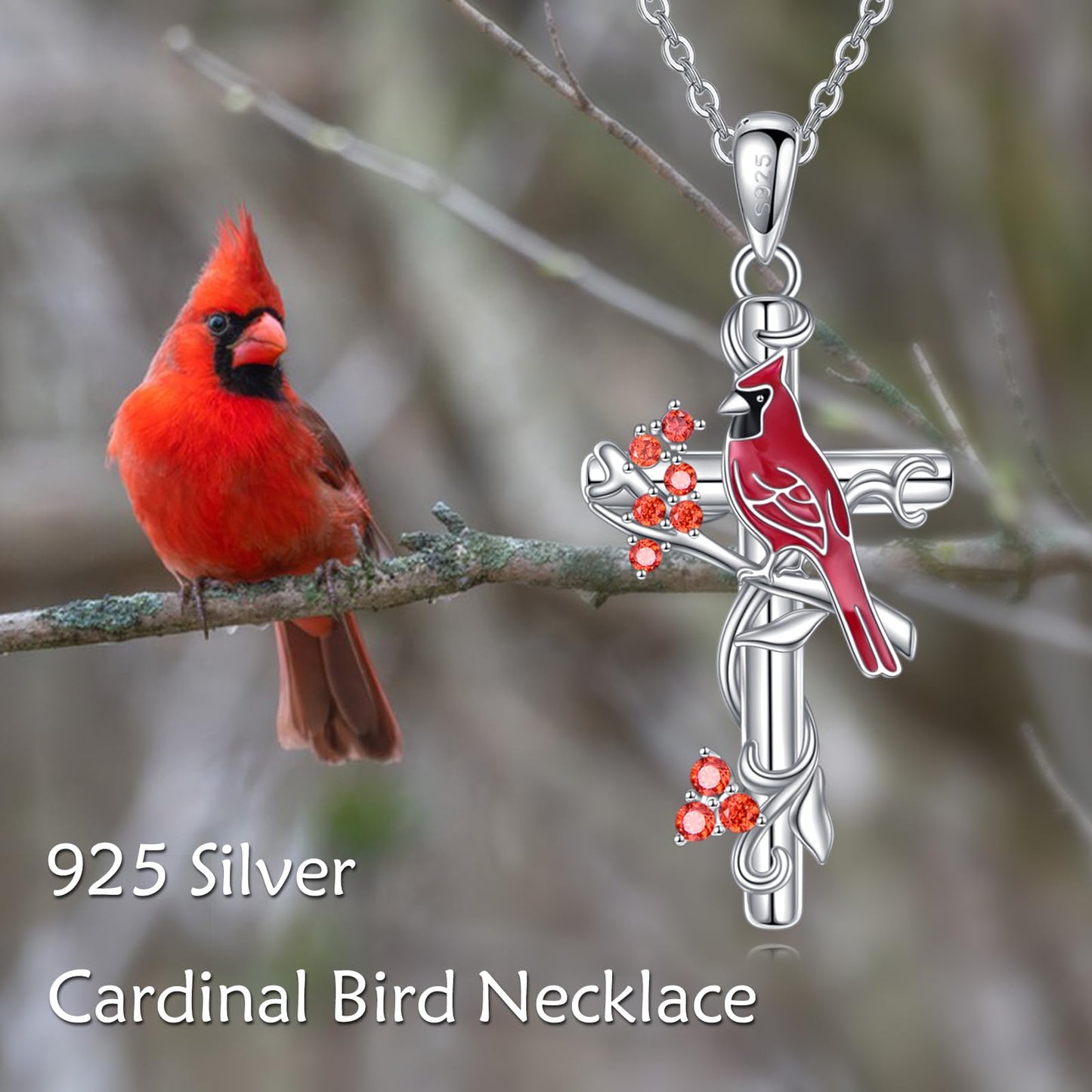 VONALA Cardinal Cross Necklace 925 Sterling Silver Red Bird Pendant Jewelry Gift for Women