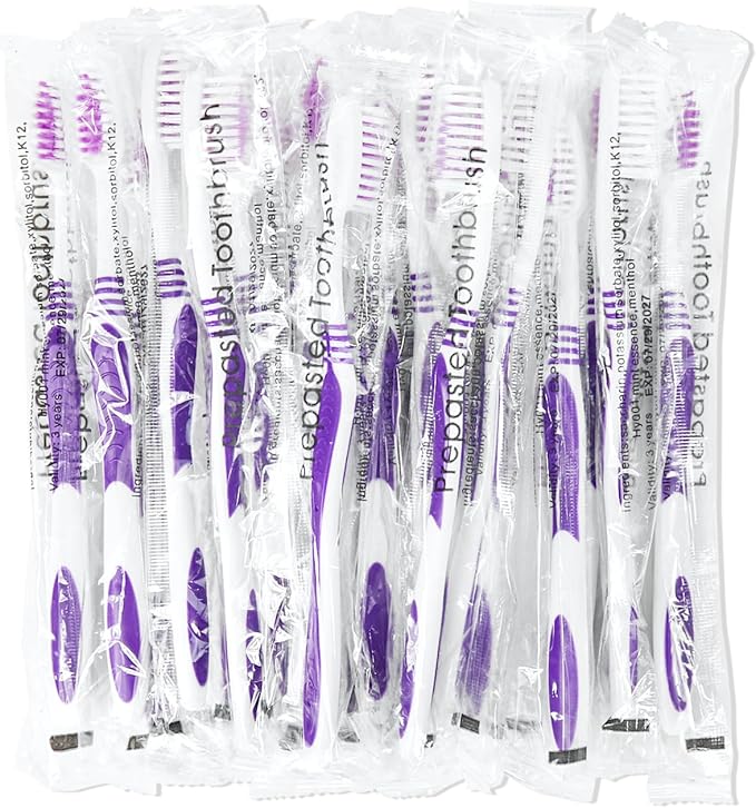 500 Prepasted Disposable Toothbrushes Individually Wrapped Pre Pasted Toothbrushes Soft Bristle Travel Tooth Brush Single Use Wrapped for Hotel, Camping, Travel and Gift for The Homeless (purple)