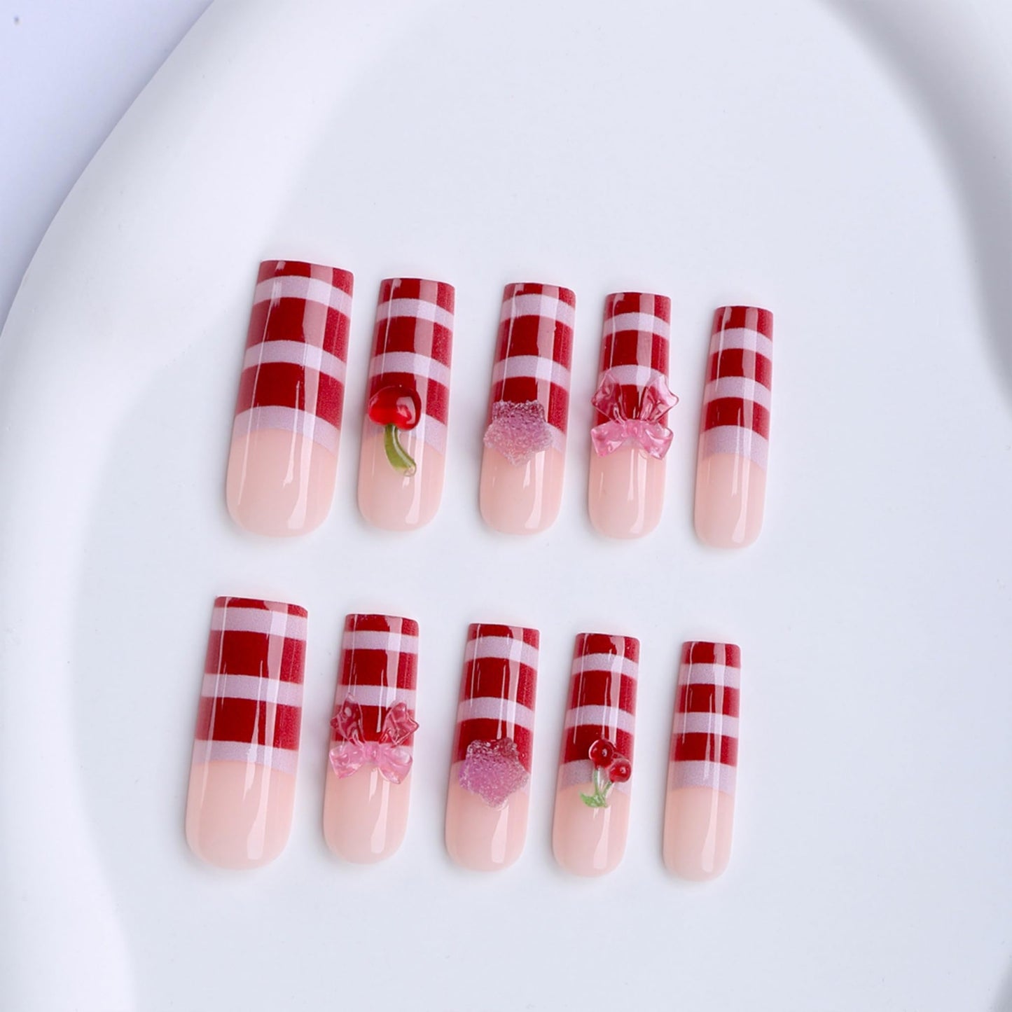 Long Press on Nails Square Fake Nails Red Artificial Nail Candy Stripe Cherry Bow Glitter Accent Glossy Stick on Nail Sweet Holiday Party Look for Women 24pcs
