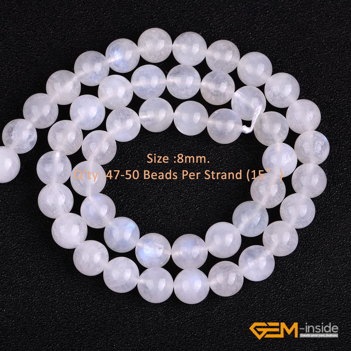 GEM-Inside Genuine 8mm Natural Blue Rainbow Moonstone AAA Grade Genuine Gemstone Beads for Jewelry Making 15"
