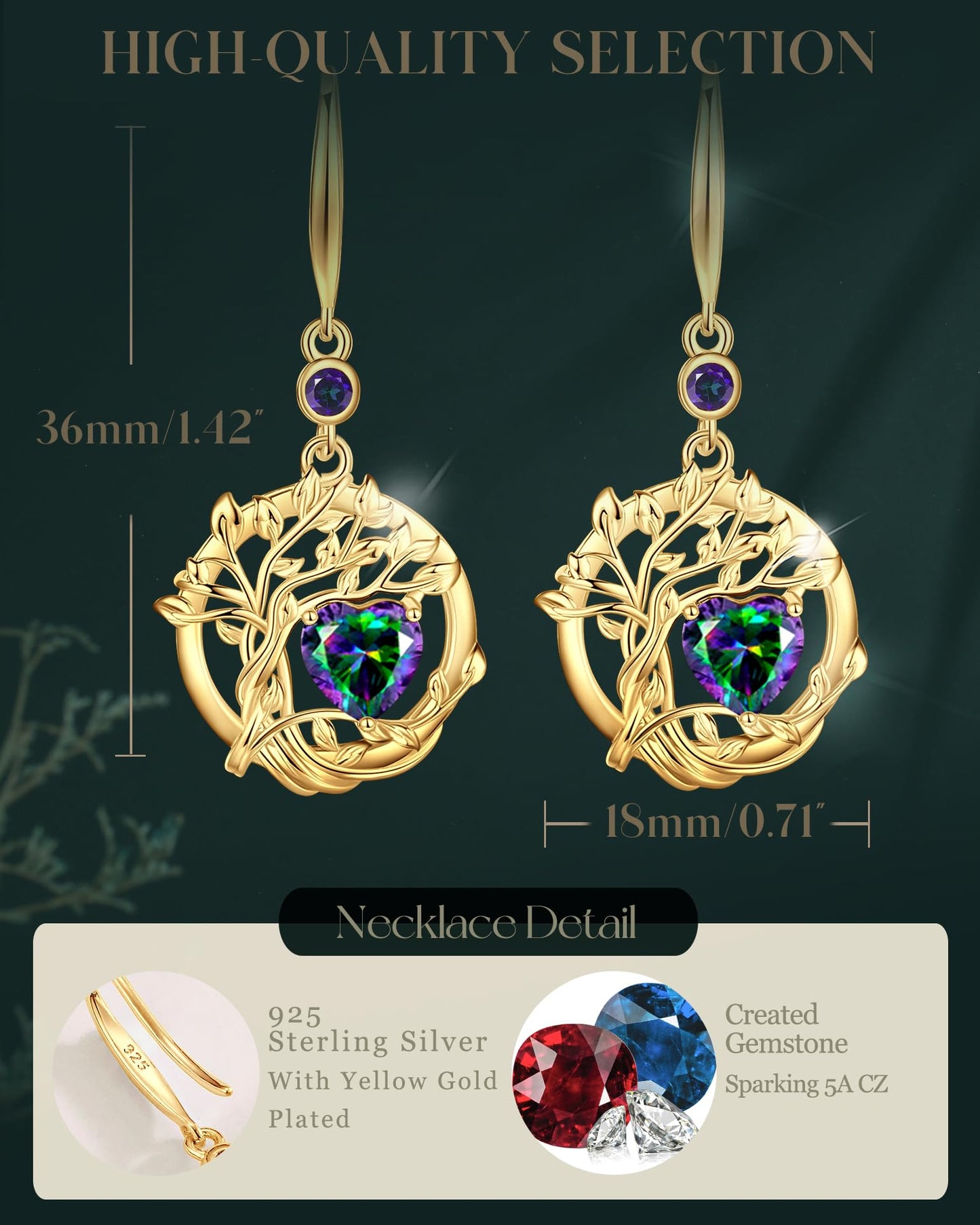 FANCIME Tree of Life Earrings 925 Sterling Silver Yellow Gold Plated Alexandrite Dangle Drop Gemstone Earring June Birthstone Fine Jewelry Birthday Mothers Day Gifts for Mom Women