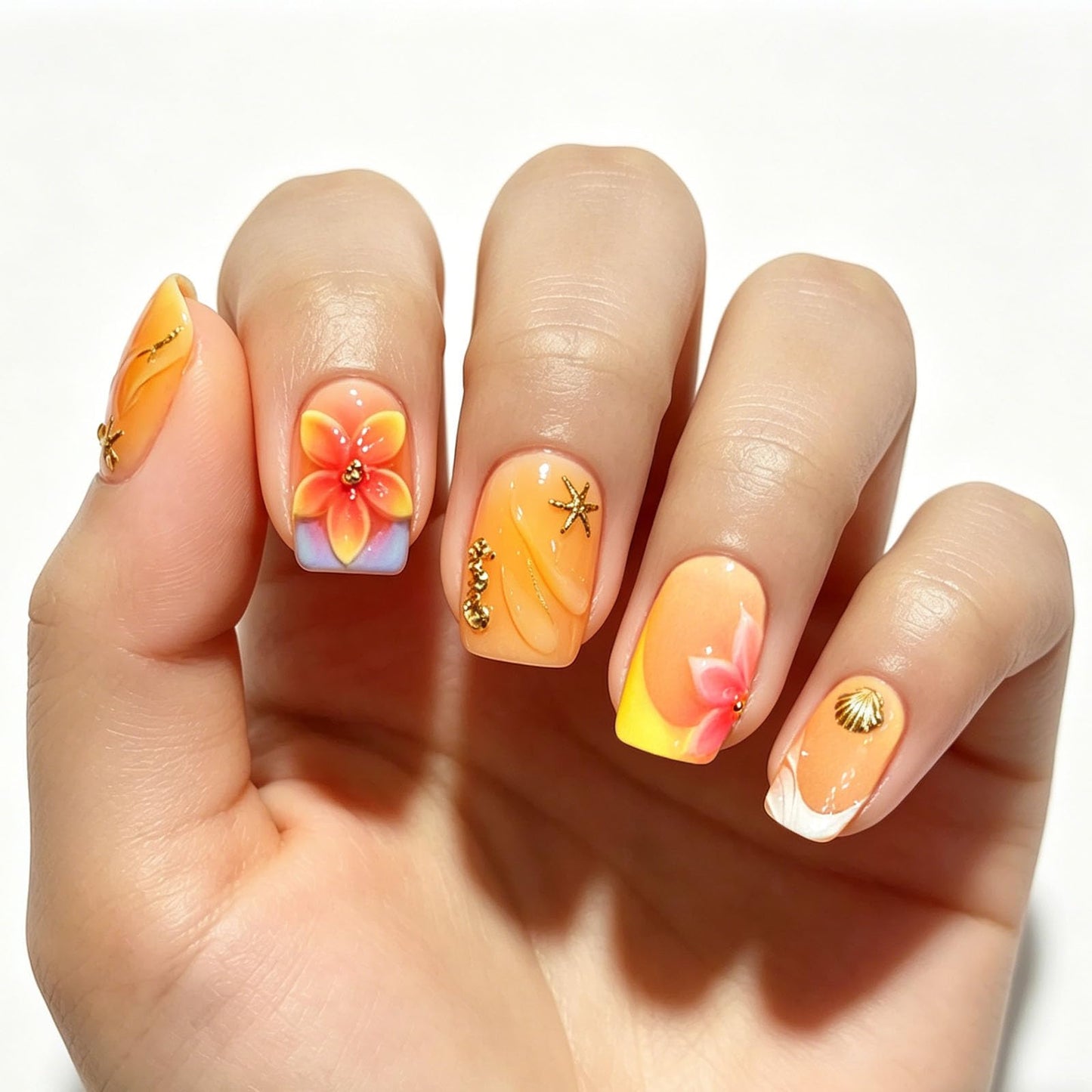 10 Pcs Yellow Handmade Press on Nails Short Square Fake Nails with 3D Flower Seashell Ocean Design Acrylic French Tip False Nails M Size Short Press Ons Nails Square for Women Nail Art