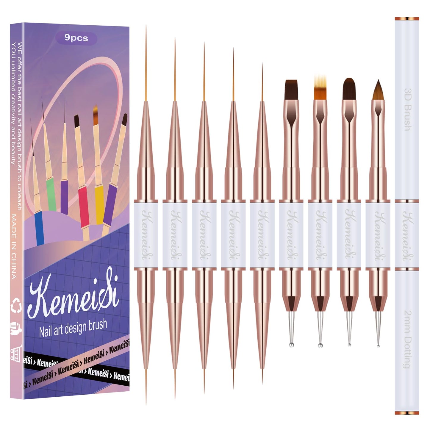 KEMEISI Nail Art Brush Set, 9PCS Double-Ended Acrylic Liner Brush Dotting Pen for Gel Polish, Nail Design Tools for Professional Manicure DIY Home Salon