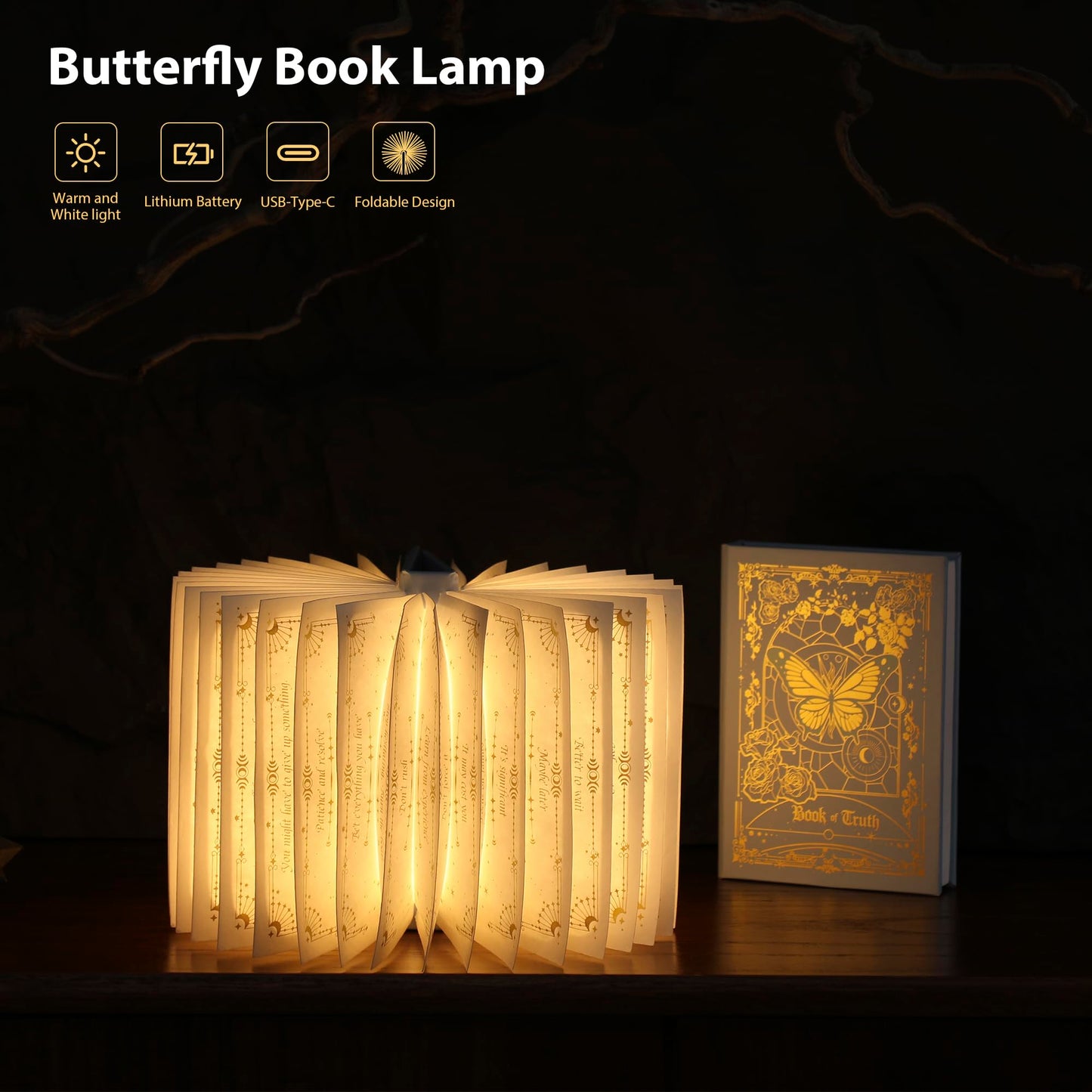 ZBOLE Magic Truth Book Light - Rechargeable LED Book Lamp for Home Decor, Ideal Christmas & Bookworm Gifts with Gold Foil Embossed Cover, Warm White Light for Entertainment & Relaxation (Blue)