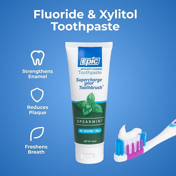 Epic Dental Sugar Free Oral Care Set – 144-Piece Fresh Fruit Gum, 360 Fresh Fruit Mints, 2 Tubes Spearmint Fluoride Toothpaste – Aspartame Free, Dentist Approved, Helps with Dry Mouth & Cavity Care