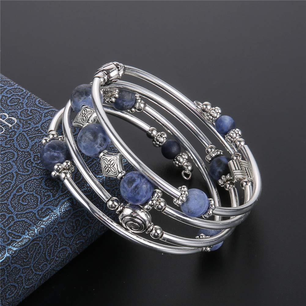 Beaded Pearl Bangle Wrap Bracelet - Fashion Bohemian Jewelry Multilayer Charm Bracelet with Thick Silver Metal Beads, Gift For Women(Navy Blue)