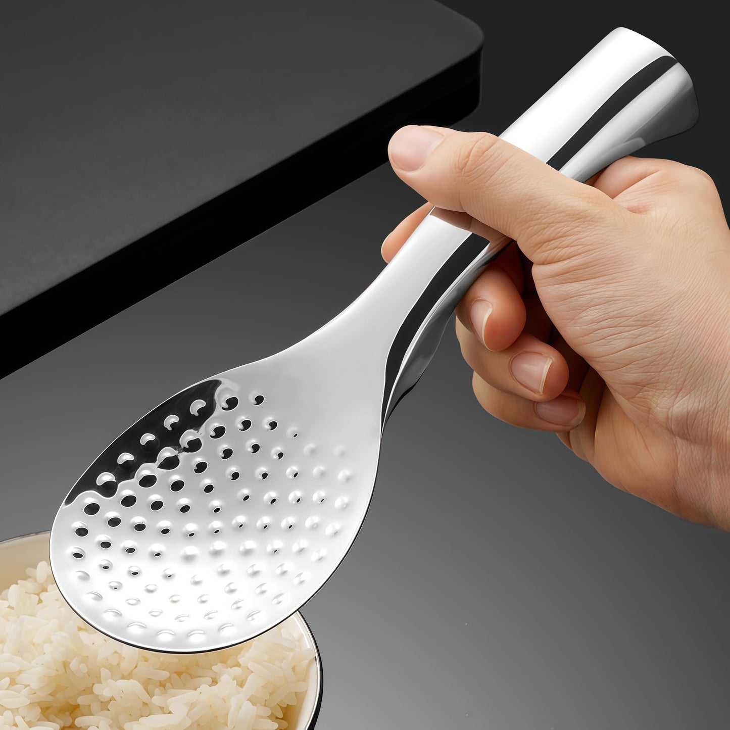 18/8 Stainless Steel Rice Paddle, Non-Stick Rice Spoon, Mirror Finish, Stand-Up Design, Serving Spoon for Kitchen- 7.9-inch Long