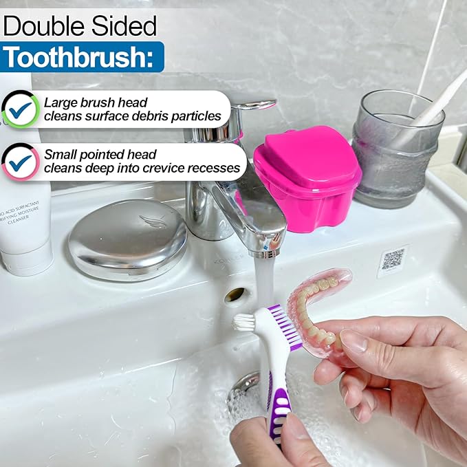 Denture Cup Retainer Cleaning Case False Teeth Soaking Container with 2 Brushes, Dental Retainer Cup Holder Case Denture Soaking Storage Box Case - White & Rose Red