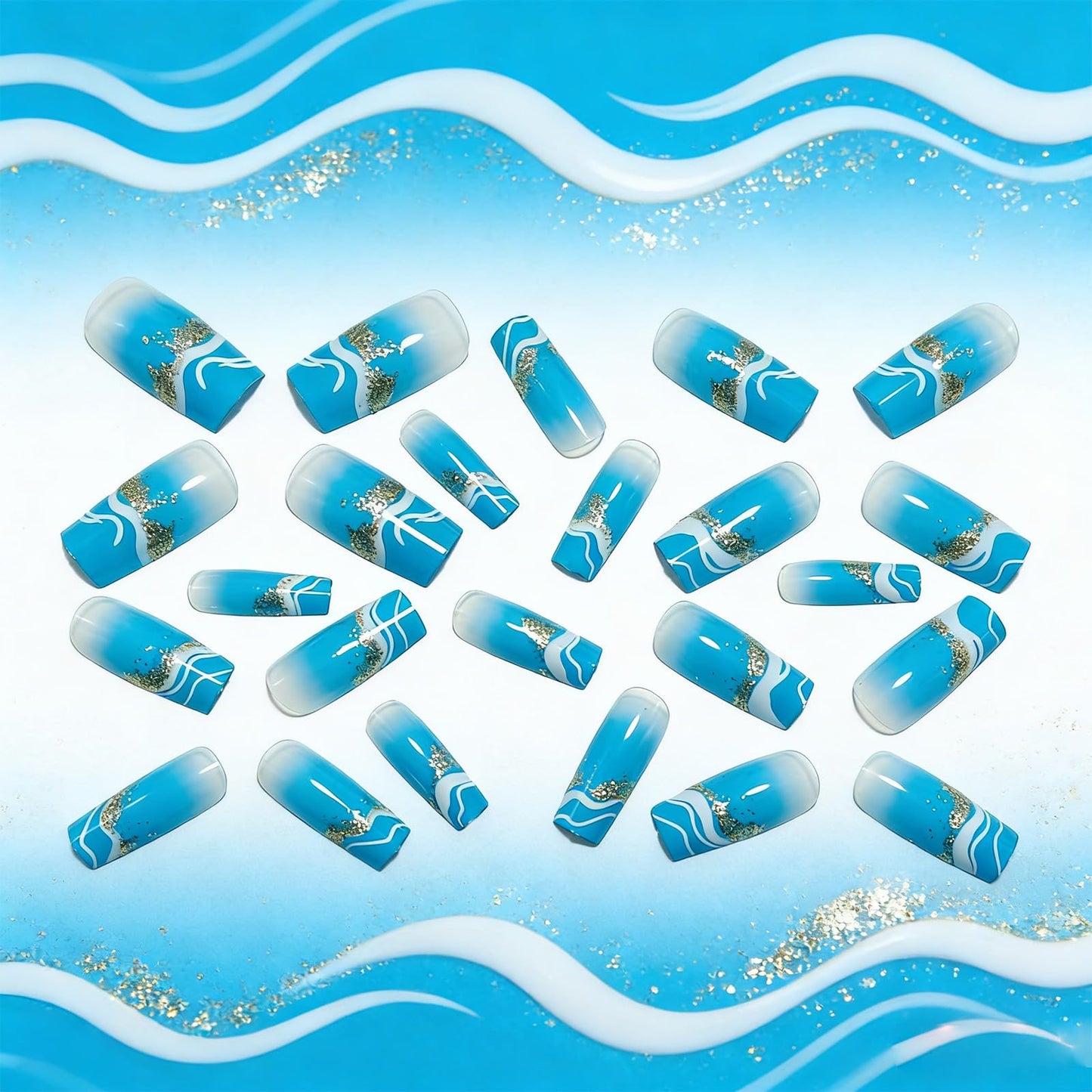 Beach Press on Nails Medium Square Blue Wave Fake Nails Gradient False Nail with Glitter Design Glossy Full Cover Stick on Nail Reusable Artificial Summer Nails for Women Manicure 24Pcs