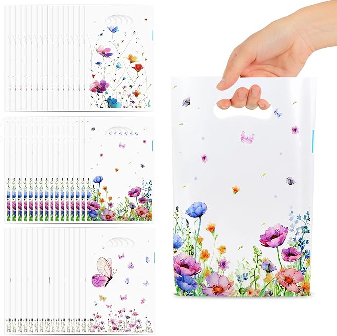 Wildflower Gift Bags, 100 Pcs Wildflower Party Favor Bags with Handles, Plastic Floral Goodie Candy Cookie Treat Bag for Wildflower Baby Shower Decorations Birthday Spring Party Favors Supplies