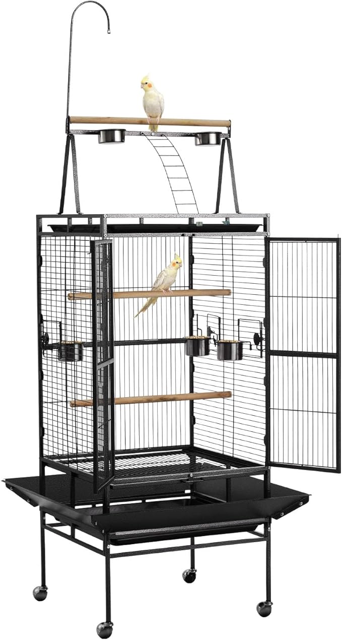 VEVOR Bird Cage, 18 x 18 x 30 inch, Open Flat Top, Wrought Iron Bird Flight Cage with Perches, Slide-Out Tray and Plastic Feeders, Casters, for Parrot, Blue Tit, Cockatiel, Canary, Budgerigar, Conure