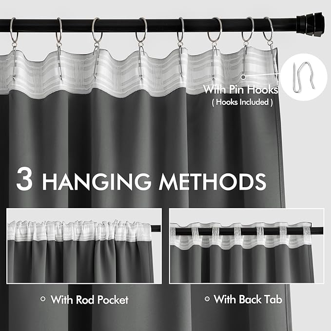 MIULEE Back Tab Grey Blackout Curtains 102 Inch Long 2 Panels Set for Living Room Bedroom, Rod Pocket/Pinch Pleated Thermal Insulated Room Darkening Light Blocking Floor to Ceiling Curtains/Drapes