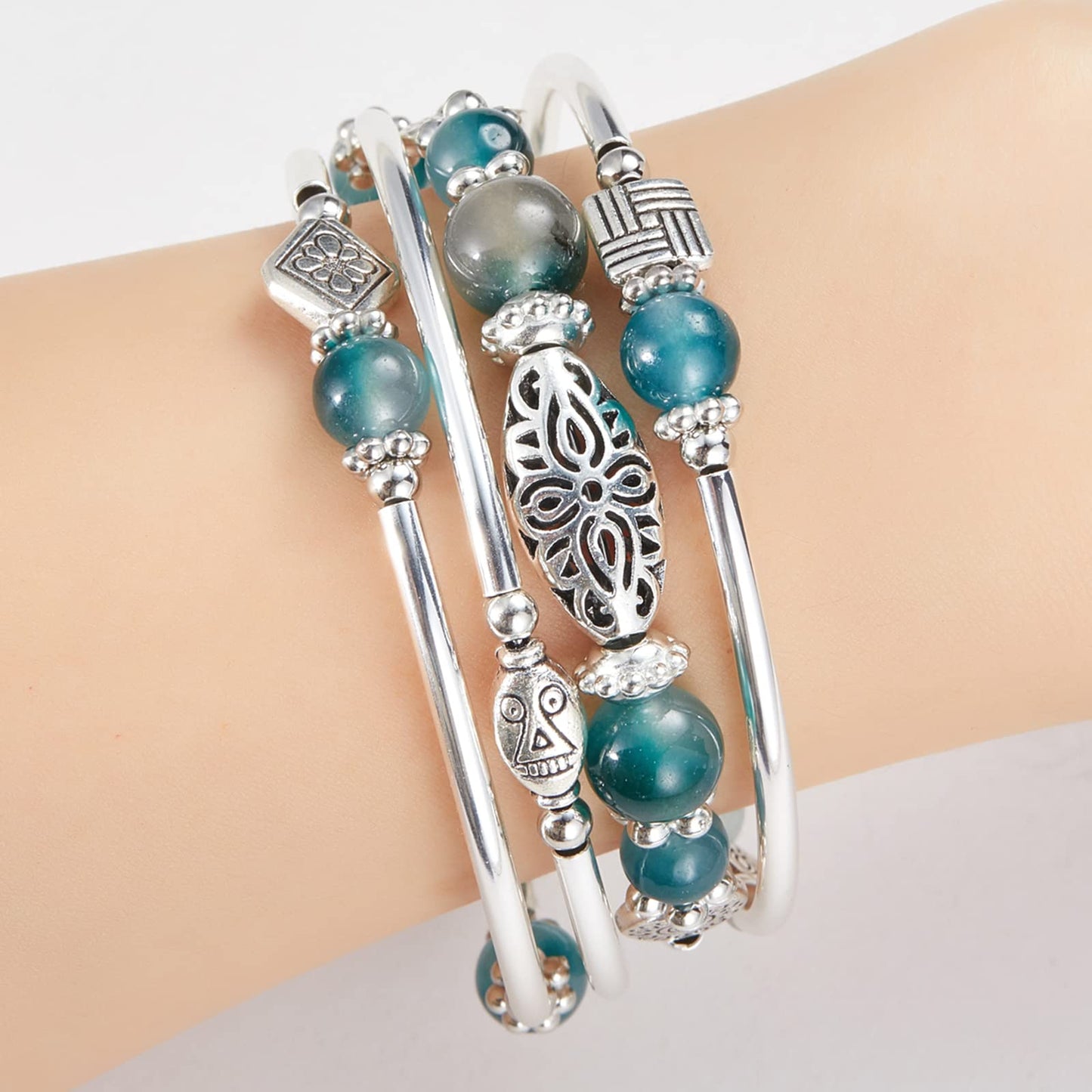 BULINLIN Layered Wrap Bangle Turquoise Bracelet - Bead Bracelet with Natural Agate Stone, Gifts For Women (03-Jade Green)