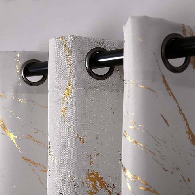 Taisier Home Gold Foil Print Linen Textured Curtains - Geometric Marble Pattern Design for Living Room - Light Filtering Window Treatment, 2 Panels, 63" L, Beige and Gold