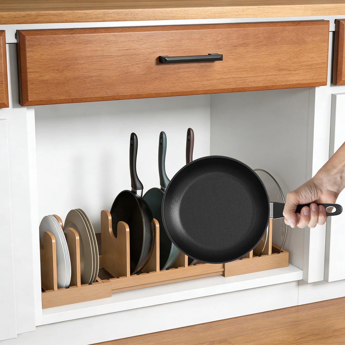 FoverOne Expandable Pot Lid Organizer, Bamboo Pot and Pan Organizer for Under Cabinet, 16" to 28" Adjustable Length and 8pcs Dividers