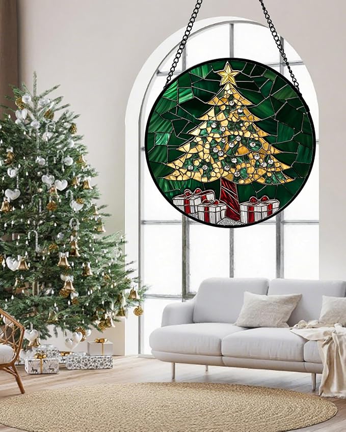 Stained Glass Window Hanging - Golden Christmas Tree Suncatcher for Doors Home Christmas Decoration Winter Sun Catcher Thanksgiving New Year Birthday Gifts for Women Men Mom Nana Girl 9.8 in