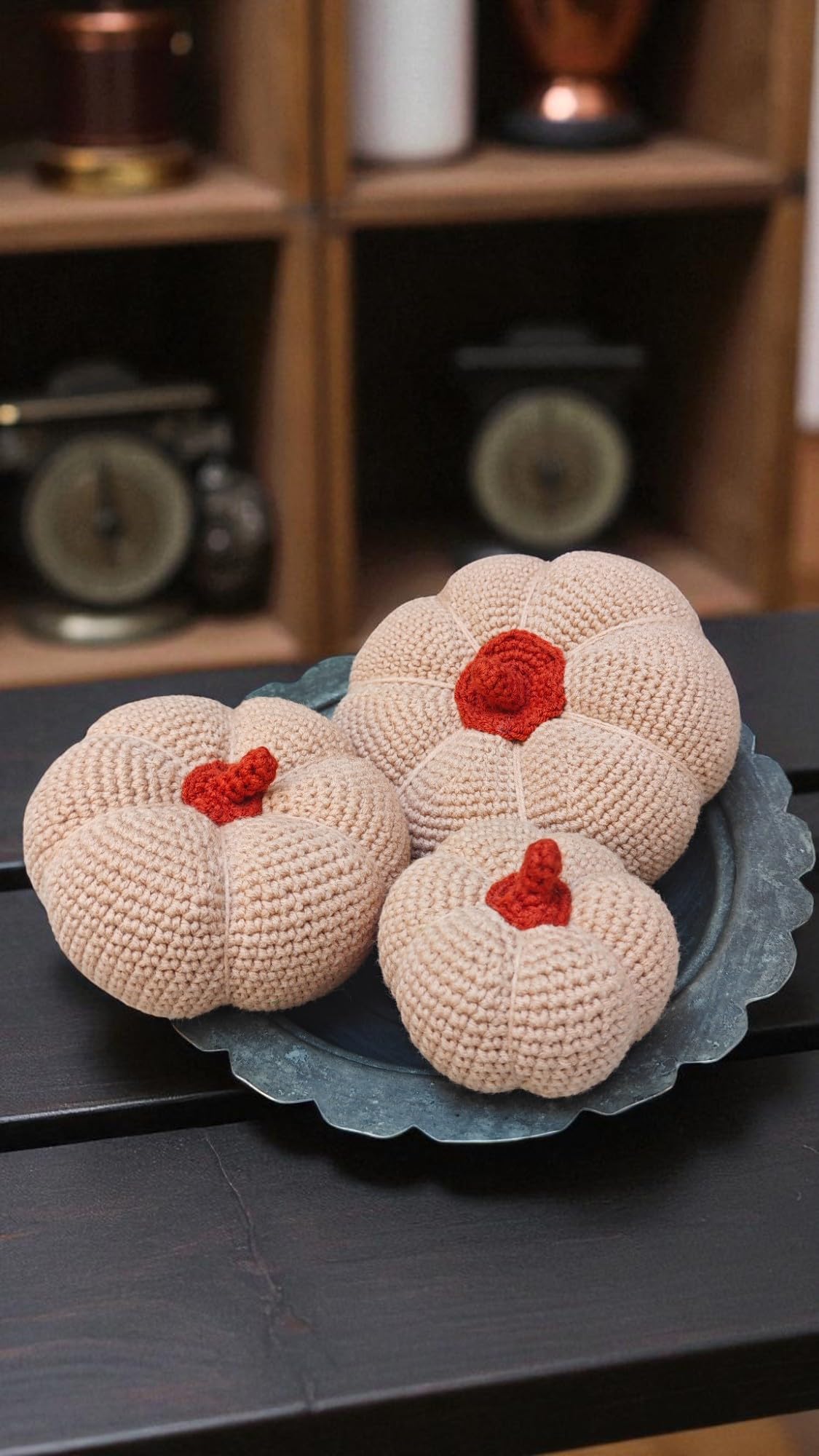Halloween Decorative Crochet Handmade Pumpkins Set of 3 Tabletop or Shelf Decor, Spooky Fall Table Accent Ivory Tiered Fall Decoration
