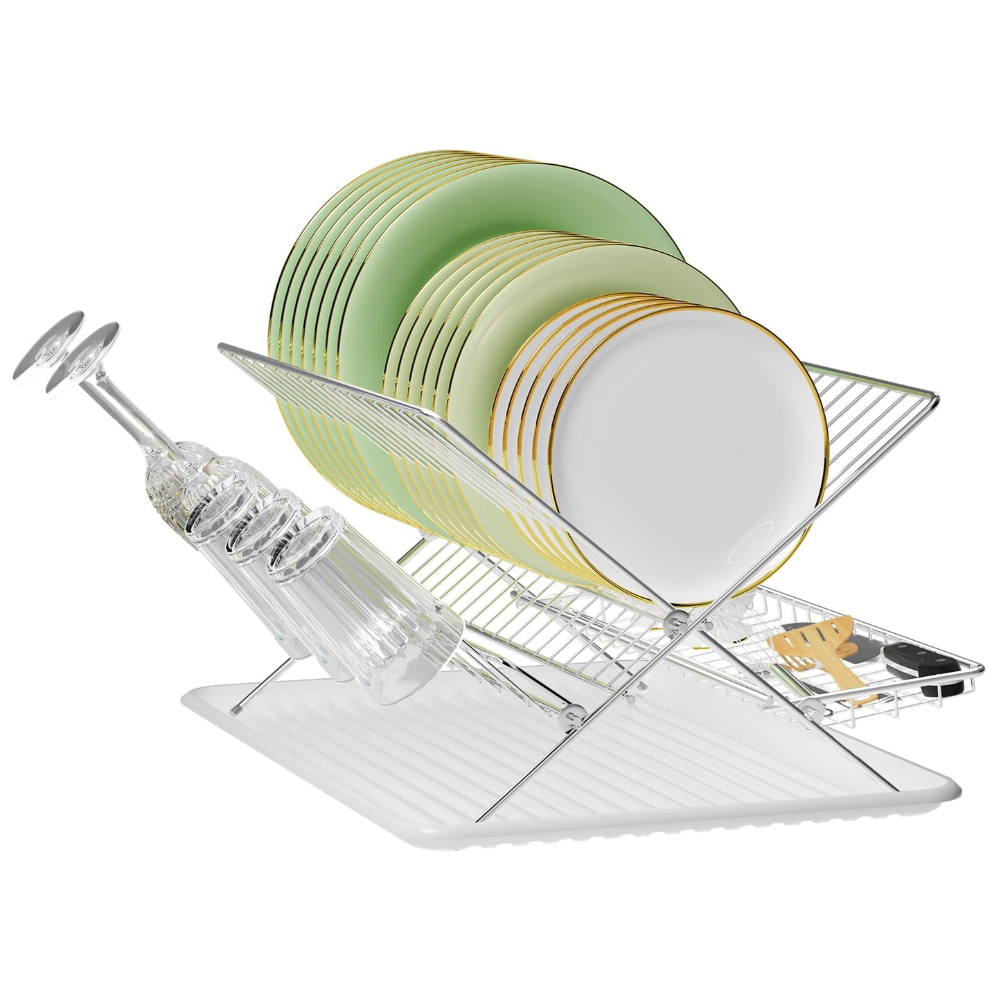 Dish Rack with Drip Tray, Stainless Steel 3-Tier Collapsible Drainer Dish Drying Rack for Kitchen Counter, Sink, Countertop,Cutlery, Dishes Utensils Flatware Holder Set, Reversible Cup Draining Rack